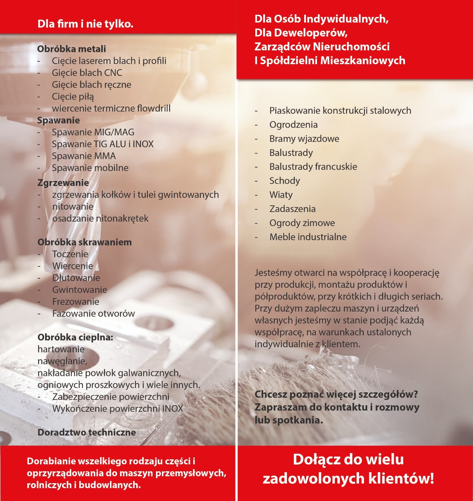 Zdjęcie prezentuje listę usług związanych z obróbką metali, spawaniem, zgrzewaniem, obróbką skrawaniem i cieplną oraz doradztwem technicznym dla firm i osób indywidualnych.
