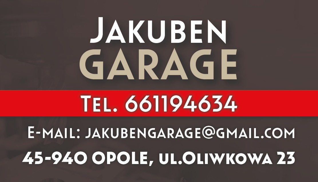 Wizytówka firmy Jakuben Garage z numerem telefonu, adresem e-mail oraz adresem siedziby w Opolu.