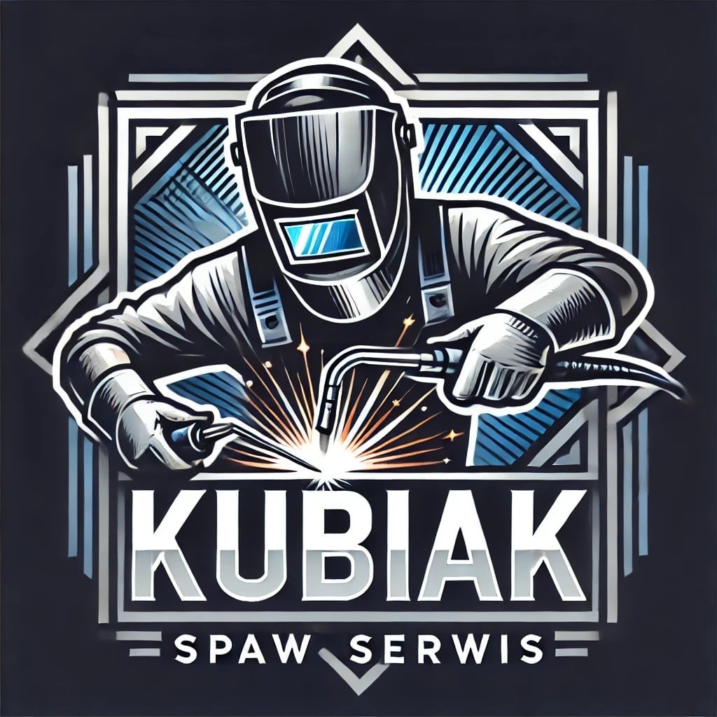 Stylizowana grafika: spawacz w masce, iskry, napis 'KUBIAK SPAW SERWIS' w geometrycznej ramie.