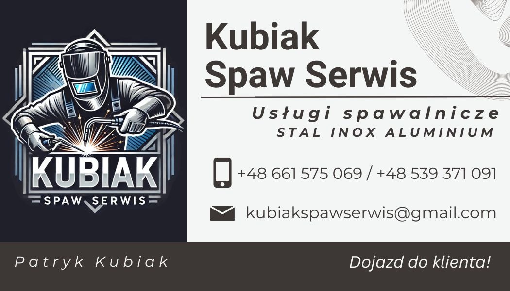 Logo firmy spawalniczej Kubiak Spaw Serwis z ilustracją spawacza w masce podczas pracy, oferującej usługi spawalnicze stali, inoxu i aluminium z dojazdem do klienta.