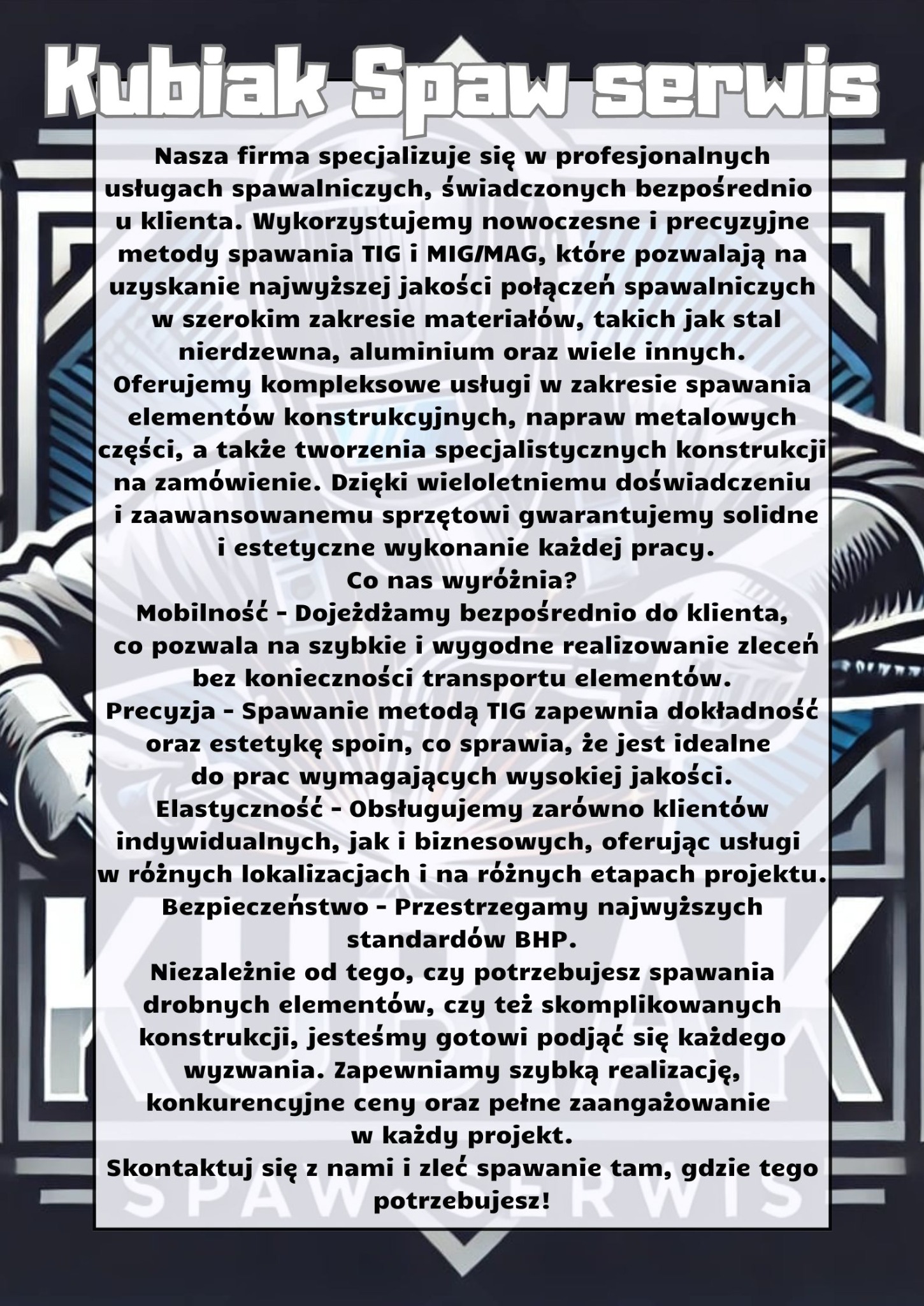 Grafika reklamowa firmy spawalniczej Kubiak Spaw Serwis, prezentująca ofertę usług spawalniczych z wykorzystaniem metod TIG i MIG/MAG, skierowaną do klientów indywidualnych i biznesowych.