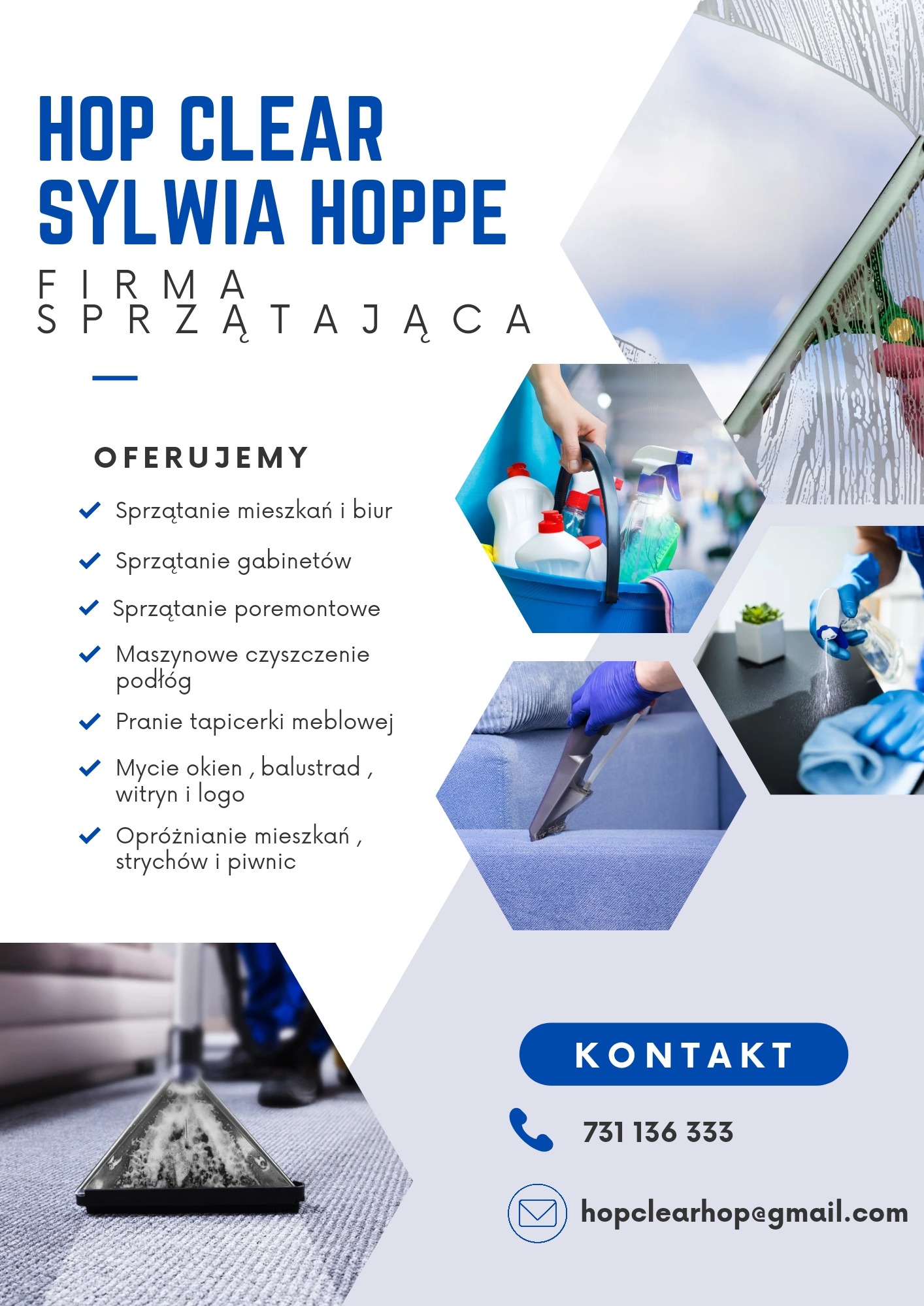 Grafika reklamowa firmy sprzątającej Hop Clear Sylwia Hoppe, oferującej usługi takie jak sprzątanie mieszkań i biur, sprzątanie po remontach, mycie okien i pranie tapicerki meblowej, z widocznymi...