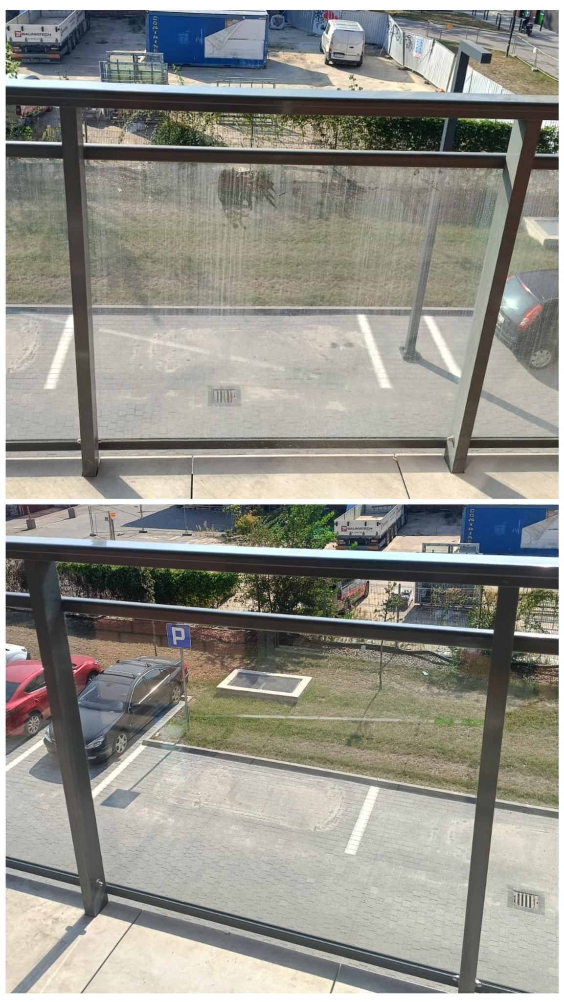 Widok z balkonu na parking przed i po umyciu szklanej balustrady, widoczne różnice w czystości szkła.