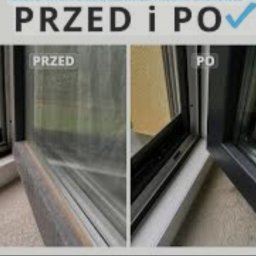 Ewel-Bud - Porównanie okna przed i po umyciu, widoczne różnice w czystości ramy i szyby.