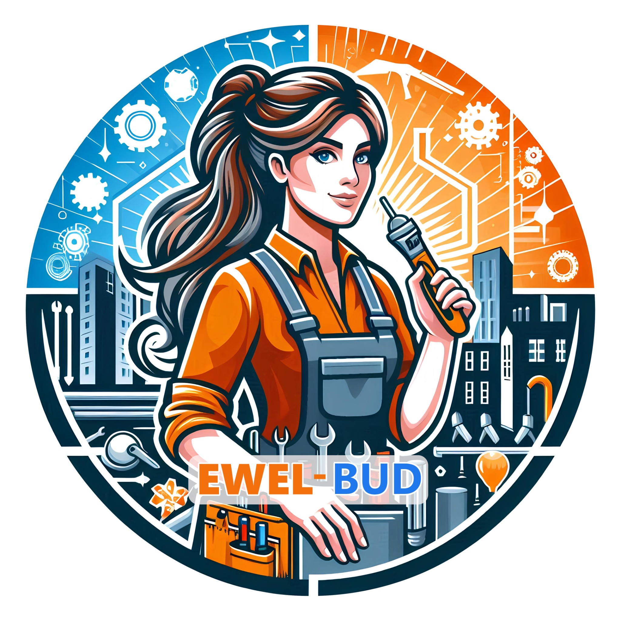 Ilustracja logo firmy Ewel-Bud: kobieta w kombinezonie trzyma wiertarkę na tle miejskiego krajobrazu i schematów technicznych.