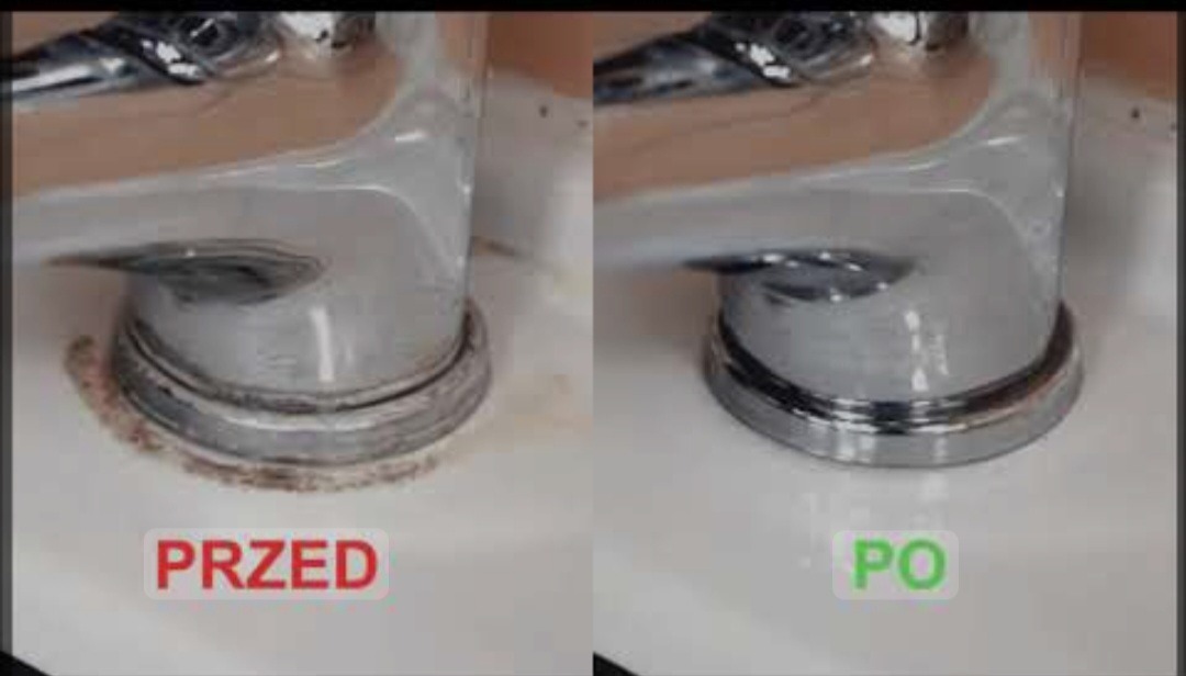 Kran umywalkowy: porównanie stanu przed i po czyszczeniu, widoczne osady wapienne usunięte, połyskliwa powierzchnia.
