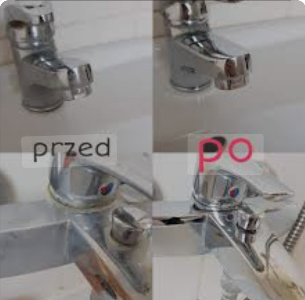 Porównanie stanu baterii umywalkowej przed i po czyszczeniu, widoczne osady i kamień usunięte, chromowana powierzchnia odzyskuje blask.