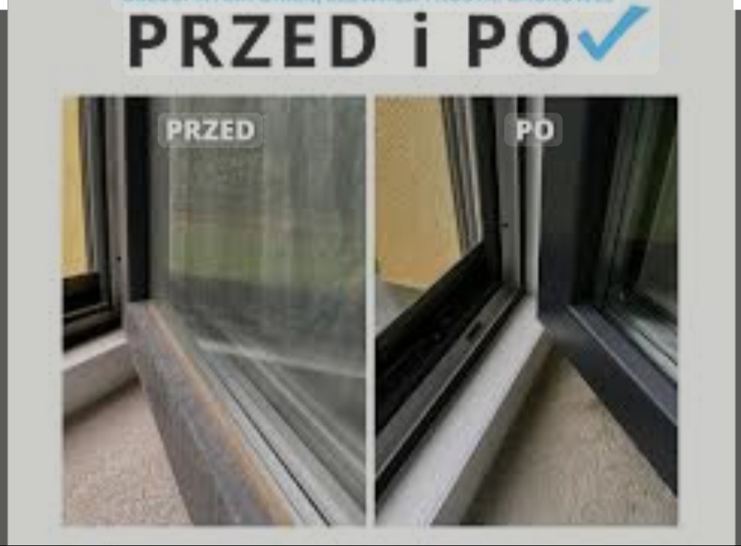 Porównanie okna przed i po umyciu, widoczne różnice w czystości ramy i szyby.