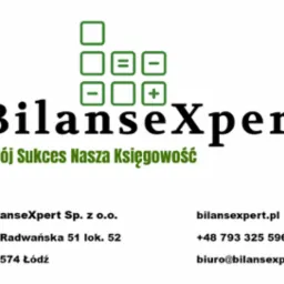 Logo firmy BilanseXpert z hasłem 'Twój Sukces Nasza Księgowość', adres, numer telefonu i adres e-mail.