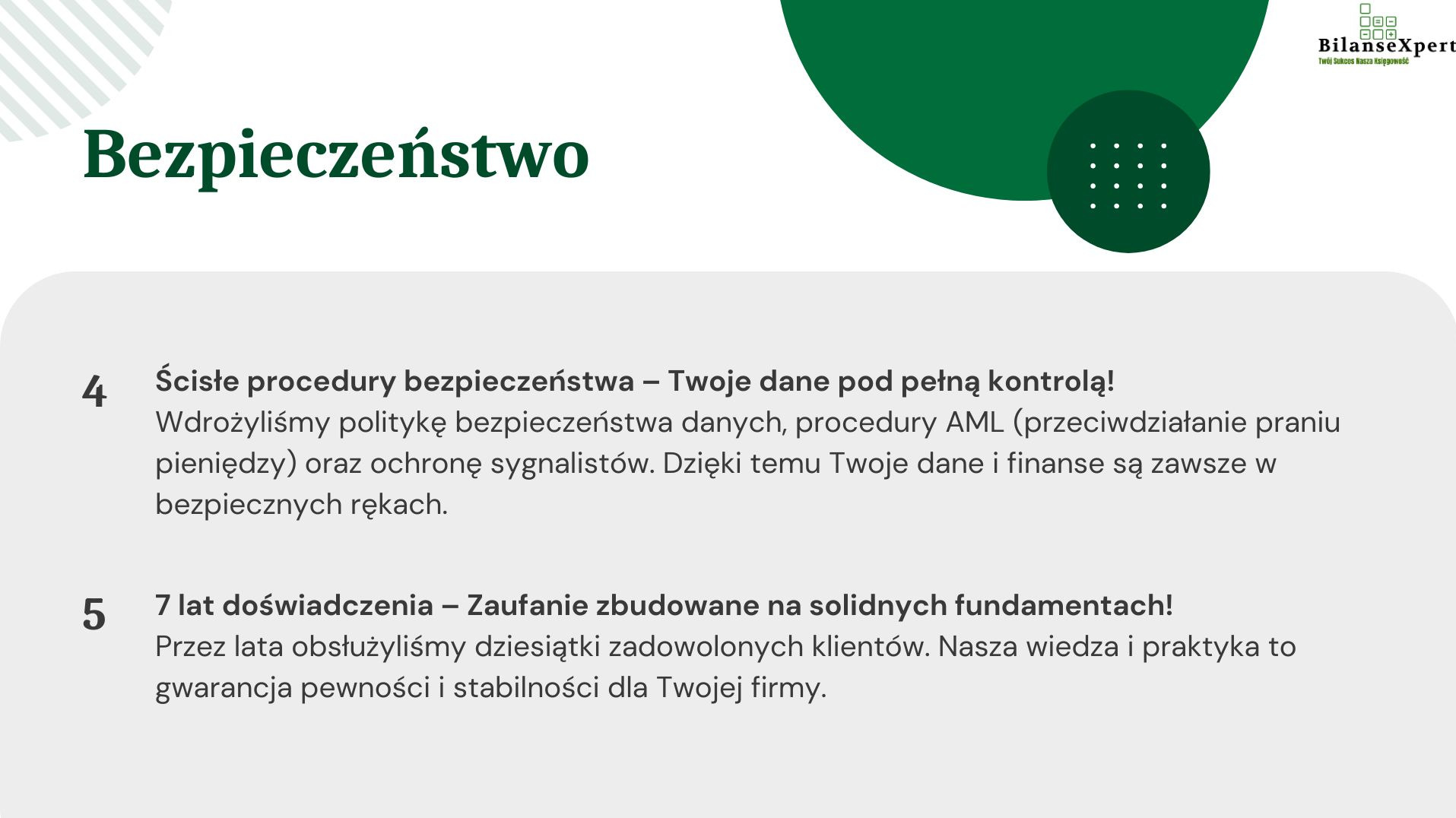 Grafika reklamowa firmy BilanseXpert z hasłem 'Bezpieczeństwo', informująca o wdrożonych procedurach bezpieczeństwa danych i polityce AML, podkreślająca 7 lat doświadczenia i zaufanie zbudowane...