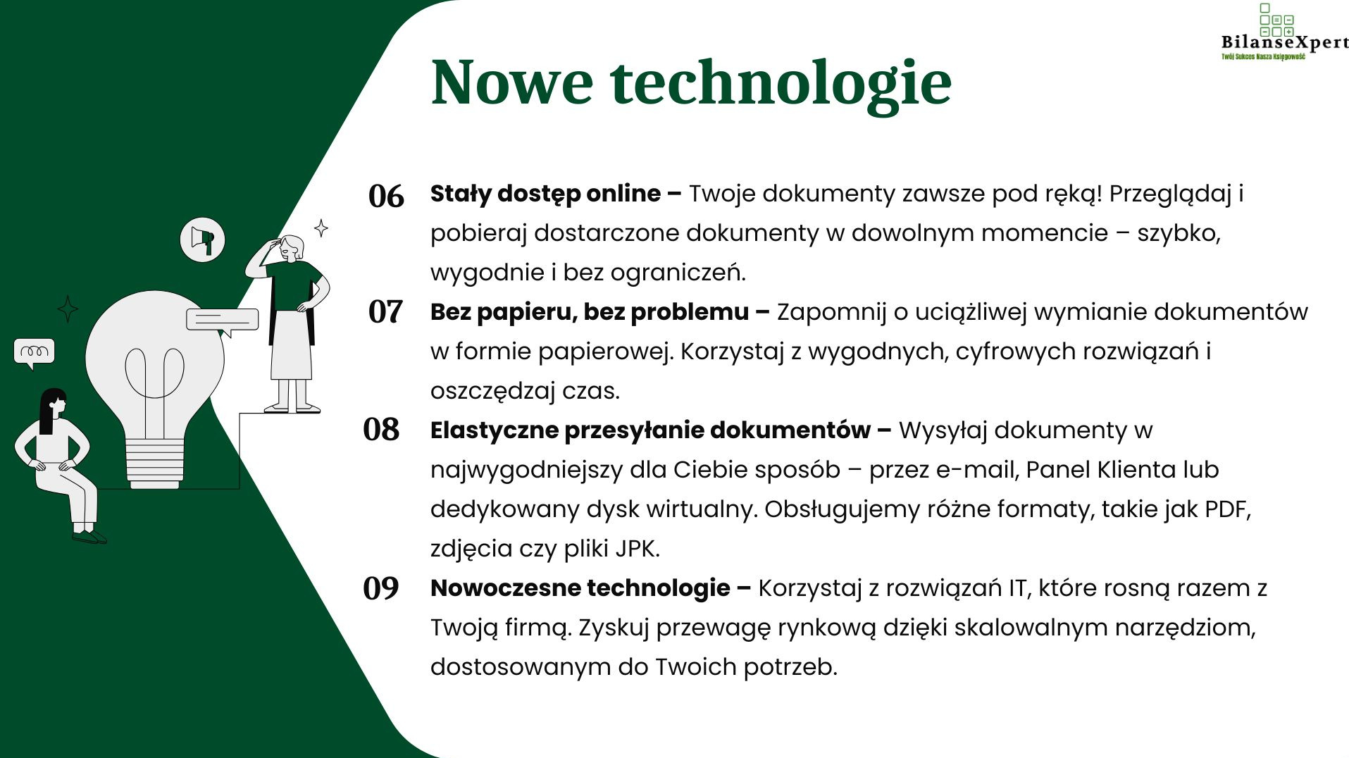 Grafika koncepcyjna przedstawiająca nowoczesne technologie w biurze rachunkowym: uproszczone ikony ludzi, żarówki symbolizującej pomysł oraz tekstu o stałym dostępie online, braku papieru...