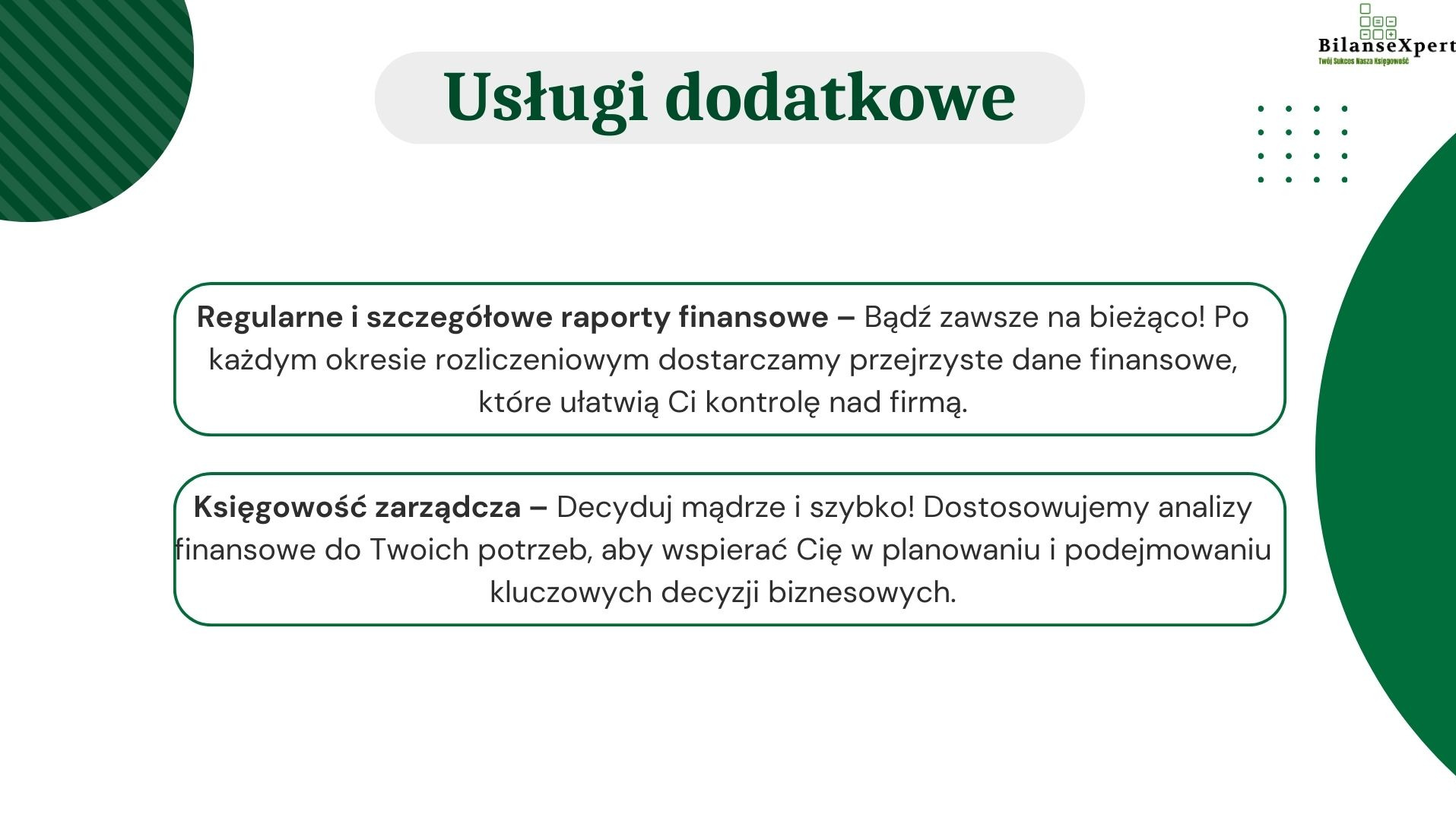 Grafika reklamowa firmy BilanseXpert prezentująca ofertę usług dodatkowych, w tym regularne raporty finansowe i księgowość zarządczą, z hasłem 'Twój Sukces Nasza Księgowość'.