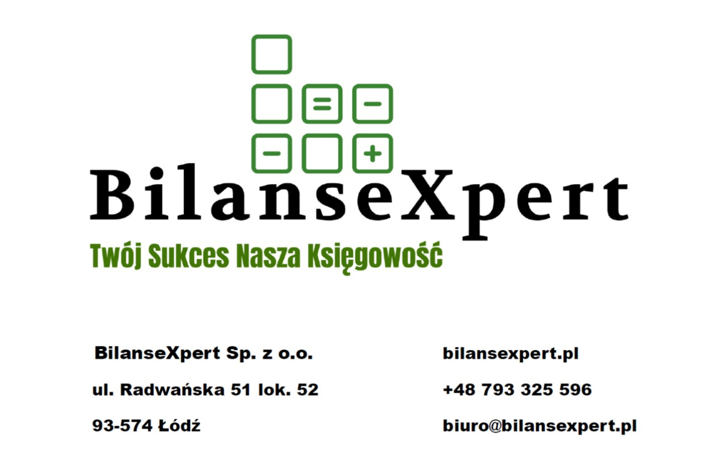 Logo firmy BilanseXpert z hasłem 'Twój Sukces Nasza Księgowość', adres, numer telefonu i adres e-mail.