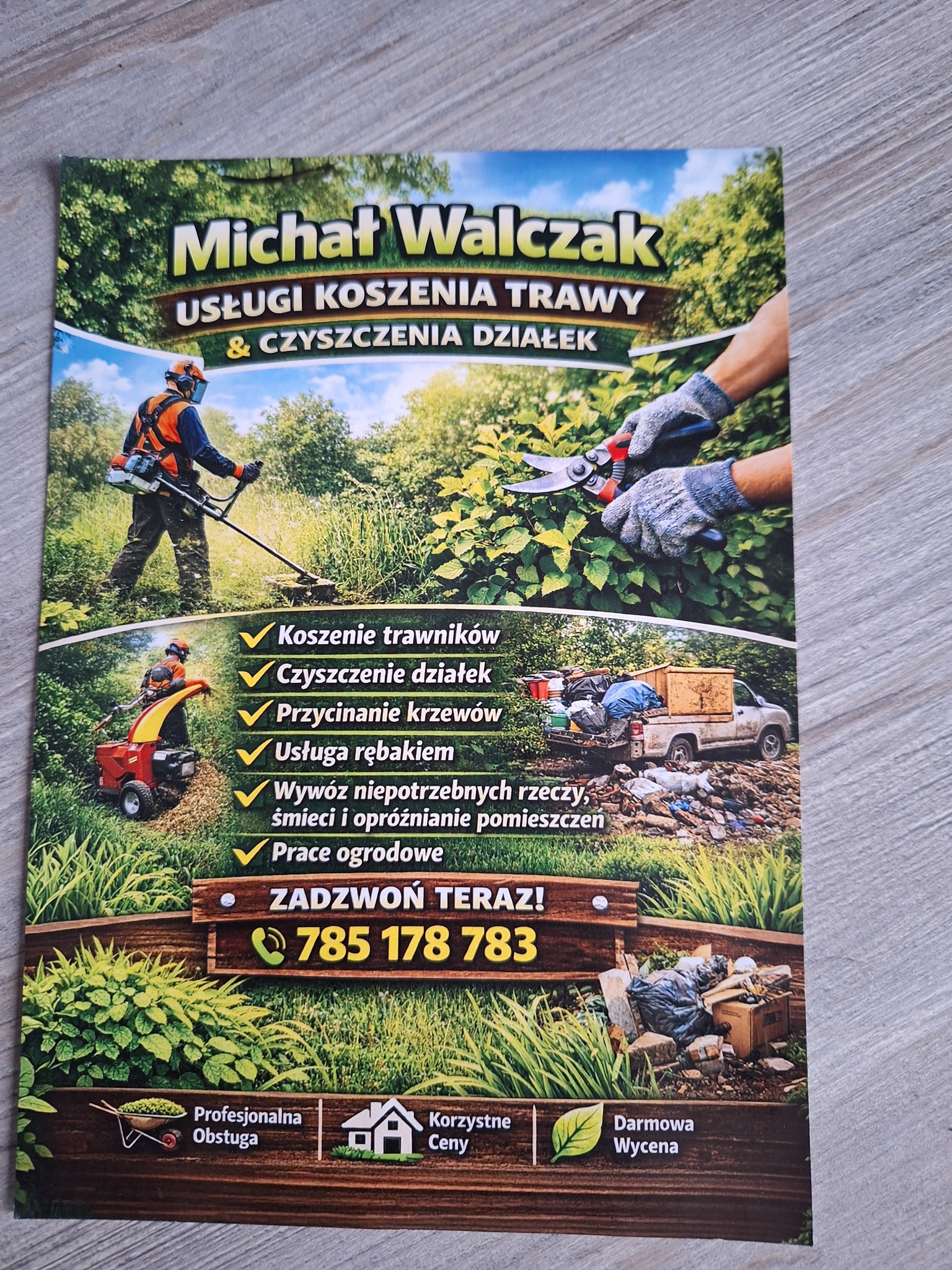 Ulotka reklamowa usług ogrodniczych: koszenie trawników, czyszczenie działek, przycinanie krzewów, usługa rębakiem, wywóz śmieci, prace ogrodowe. Kontakt: 785 178 783.