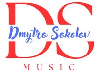 Graficzne logo z czerwonymi literami 'DS' i niebieskim napisem 'Dmytro Sokolov Music' na białym tle. Minimalistyczny design, wyraźna typografia, nowoczesny wygląd.
