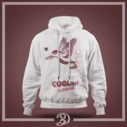 Biała bluza z kapturem z graficznym nadrukiem kolibra i napisem 'COOLibri SUNRISE' w odcieniach różu i fioletu, na jednolitym bordowym tle.