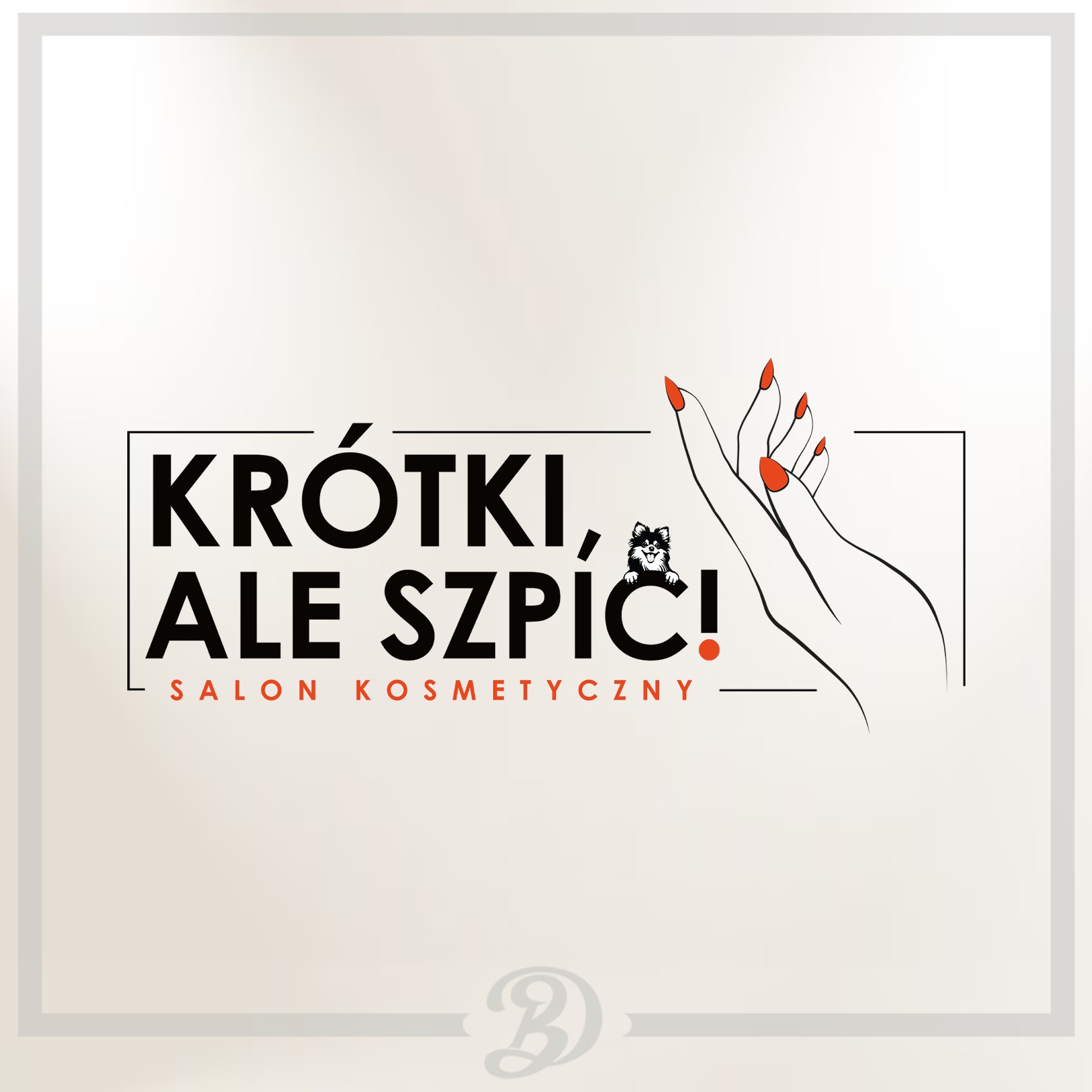 Eleganckie logo salonu kosmetycznego 'Krótki, ale Szpic!' z minimalistyczną grafiką dłoni z czerwonymi paznokciami i wizerunkiem psa rasy szpic miniaturowy.
