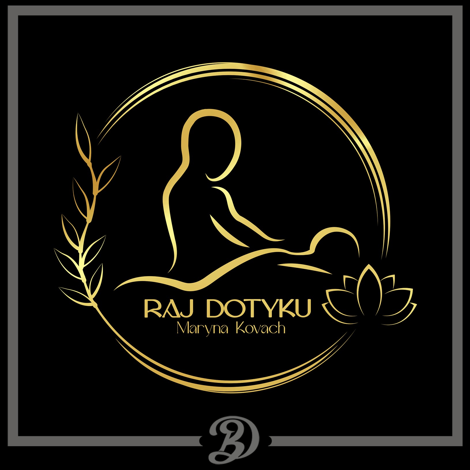 Złote logo salonu masażu 'Raj Dotyku' Maryny Kovach na czarnym tle, przedstawiające sylwetkę masażysty wykonującego masaż, otoczone stylizowanymi elementami roślinnymi i kwiatem lotosu.