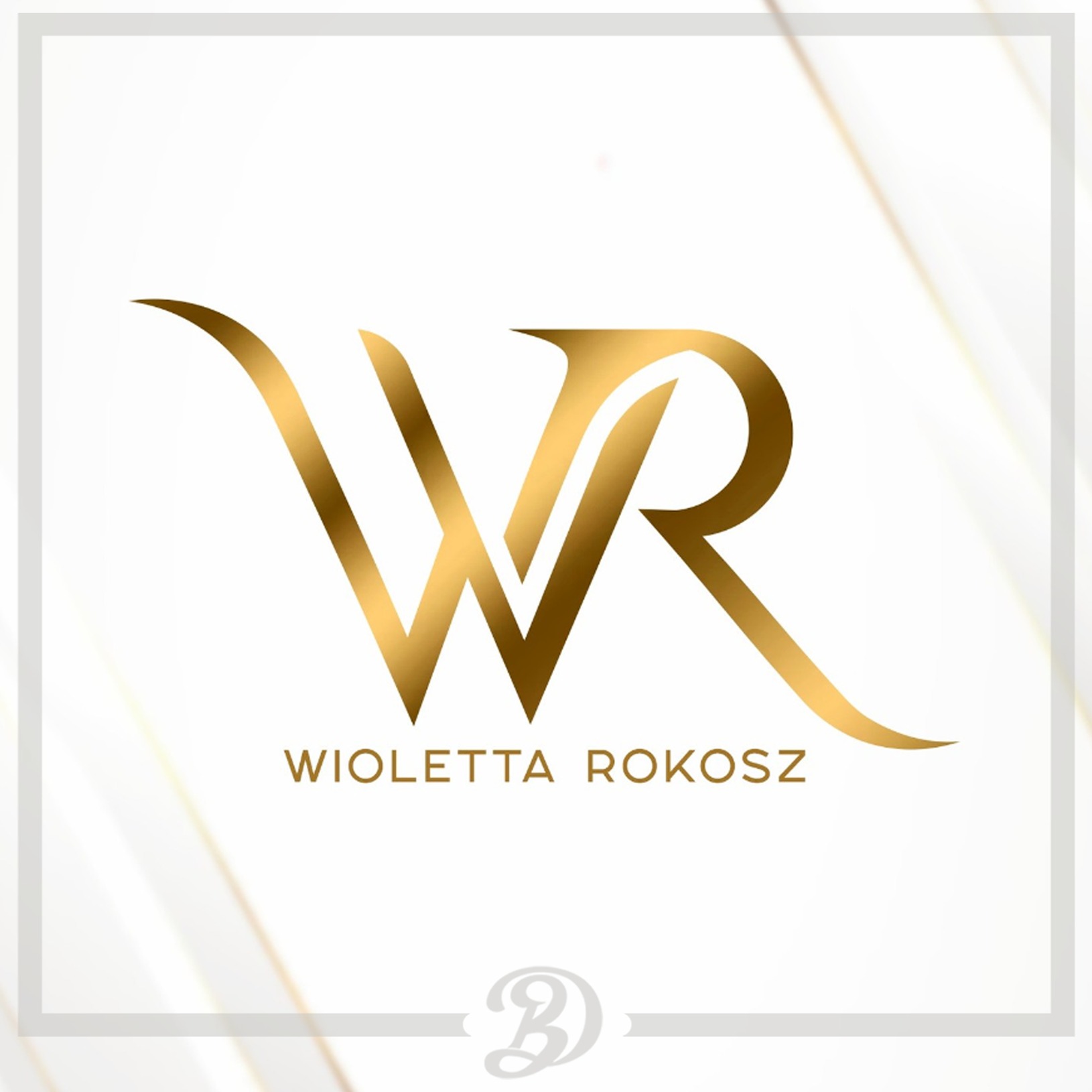Eleganckie logo z liter WR w kolorze złotym na białym tle, poniżej nazwa firmy 'Wioletta Rokosz' również w złotym kolorze.