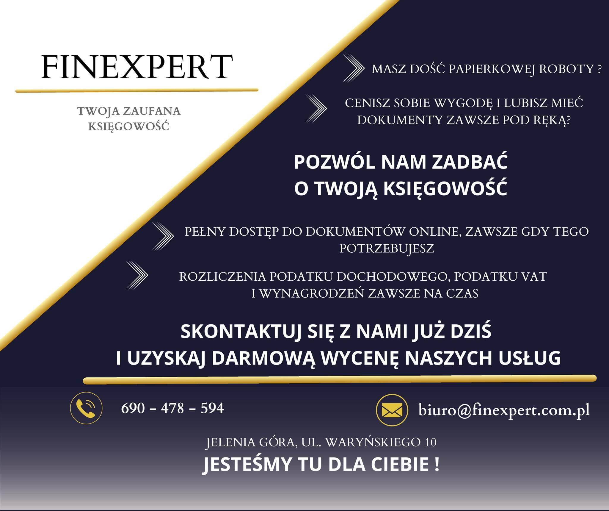 Baner reklamowy biura księgowego Finexpert z Jeleniej Góry, oferujący pełny dostęp do dokumentów online i rozliczenia podatkowe na czas. Zachęta do kontaktu i darmowej wyceny usług.