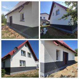 F.U.H ALFA - Elewacja domu jednorodzinnego po malowaniu: biała góra i szary dół, czerwona dachówka, widoczna antena satelitarna na dachu, teren wokół domu częściowo uporządkowany.