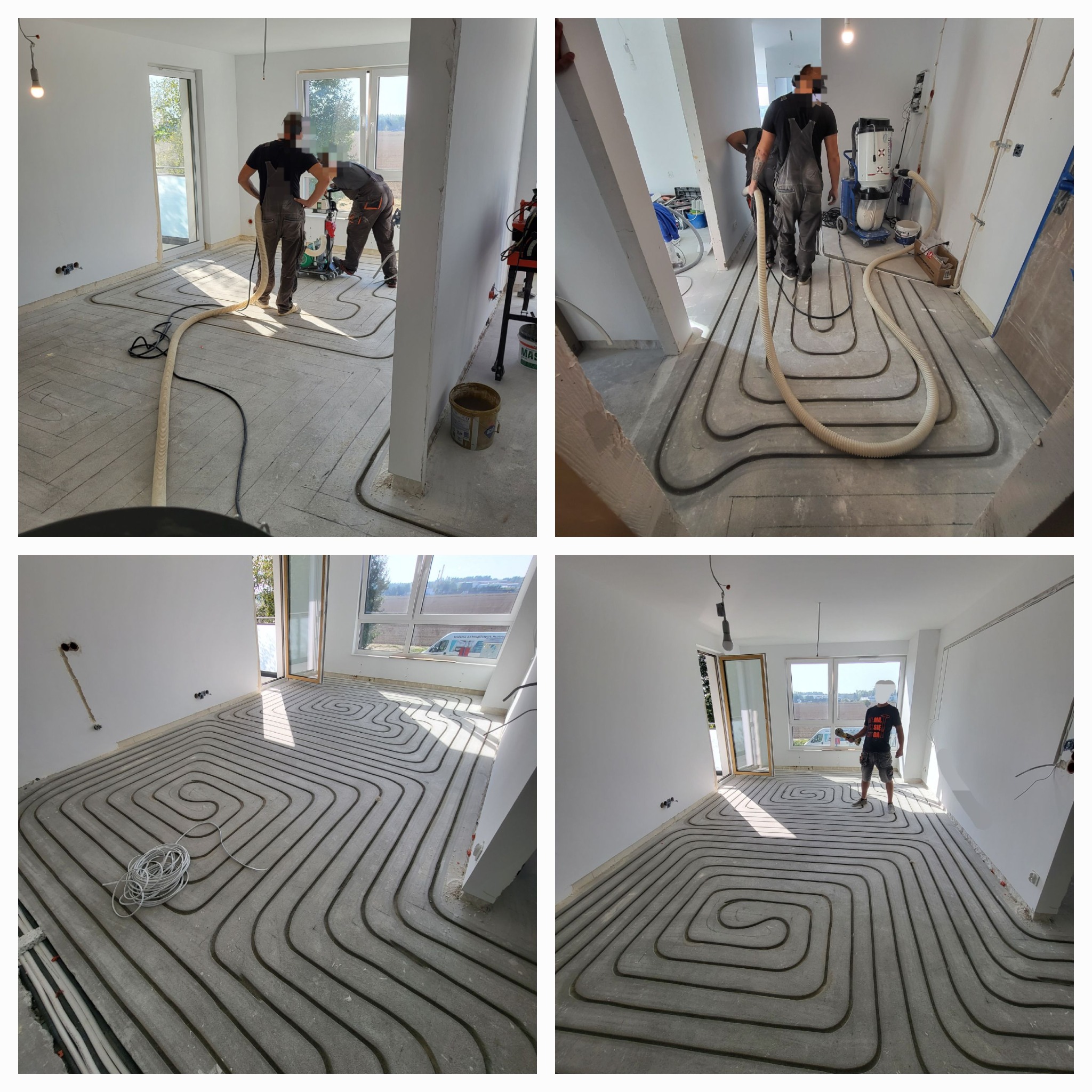Cztery ujęcia z montażu ogrzewania podłogowego w surowym stanie: ekipa instaluje rury grzewcze w świeżo wylanej wylewce, używając specjalistycznego sprzętu do czyszczenia i układania rur w spiralne...