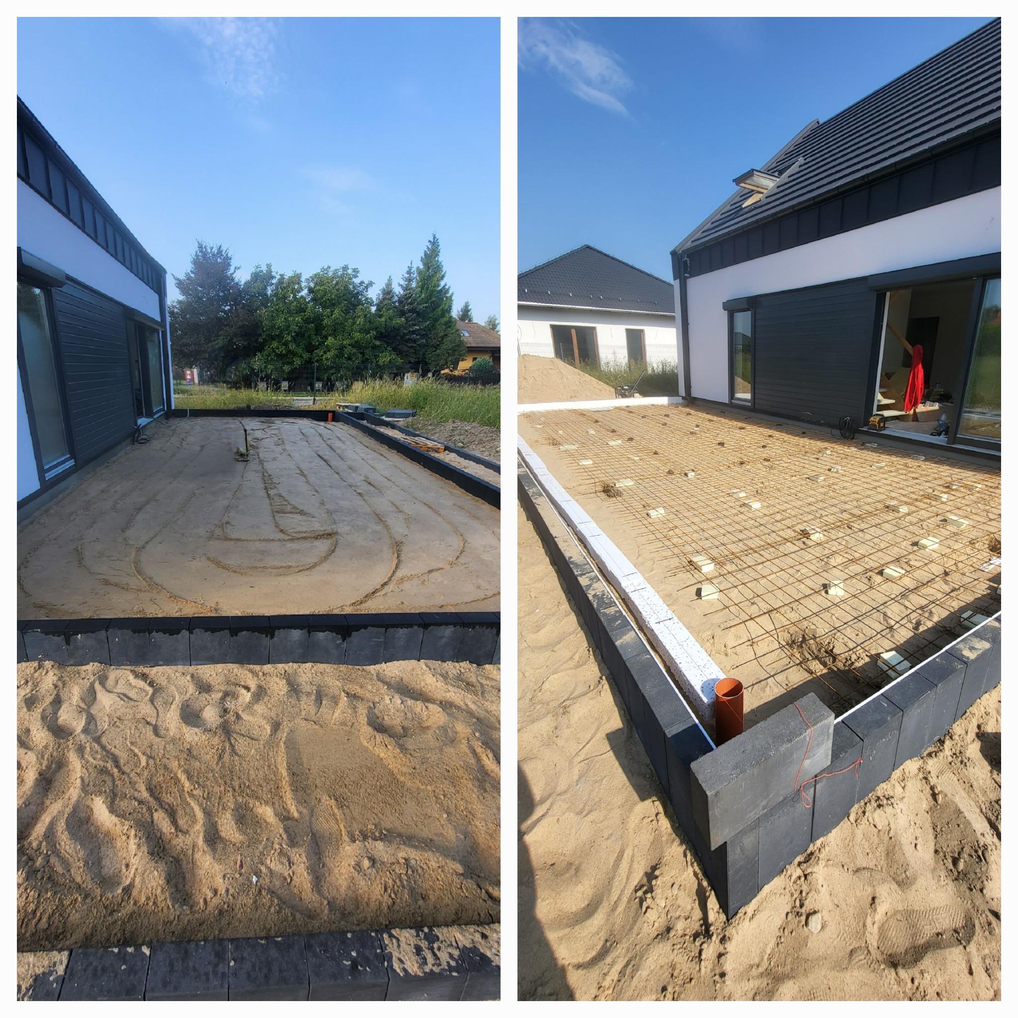 Dwa ujęcia z budowy tarasu: wyrównany piasek z śladami po narzędziach i ułożona siatka zbrojeniowa na piasku, obramowanie z szarych bloczków betonowych.