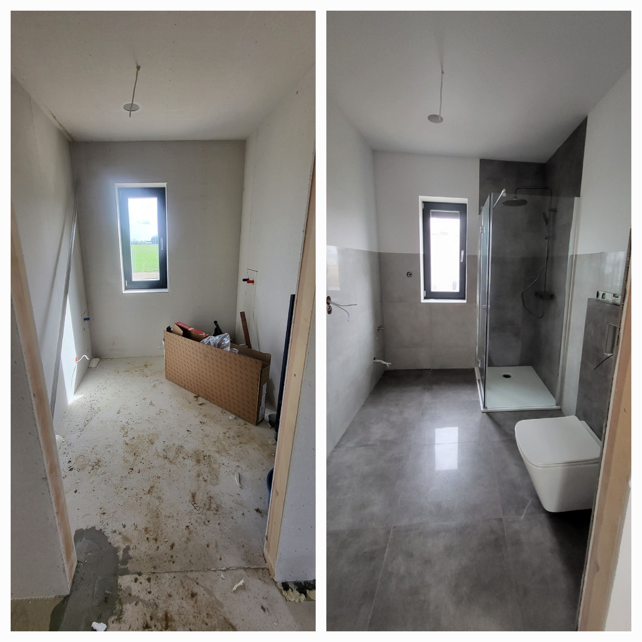 Porównanie stanu łazienki przed i po remoncie: surowy stan z widocznymi instalacjami i zabrudzeniami vs. wykończona łazienka z szarą glazurą, kabiną prysznicową i podwieszaną toaletą.