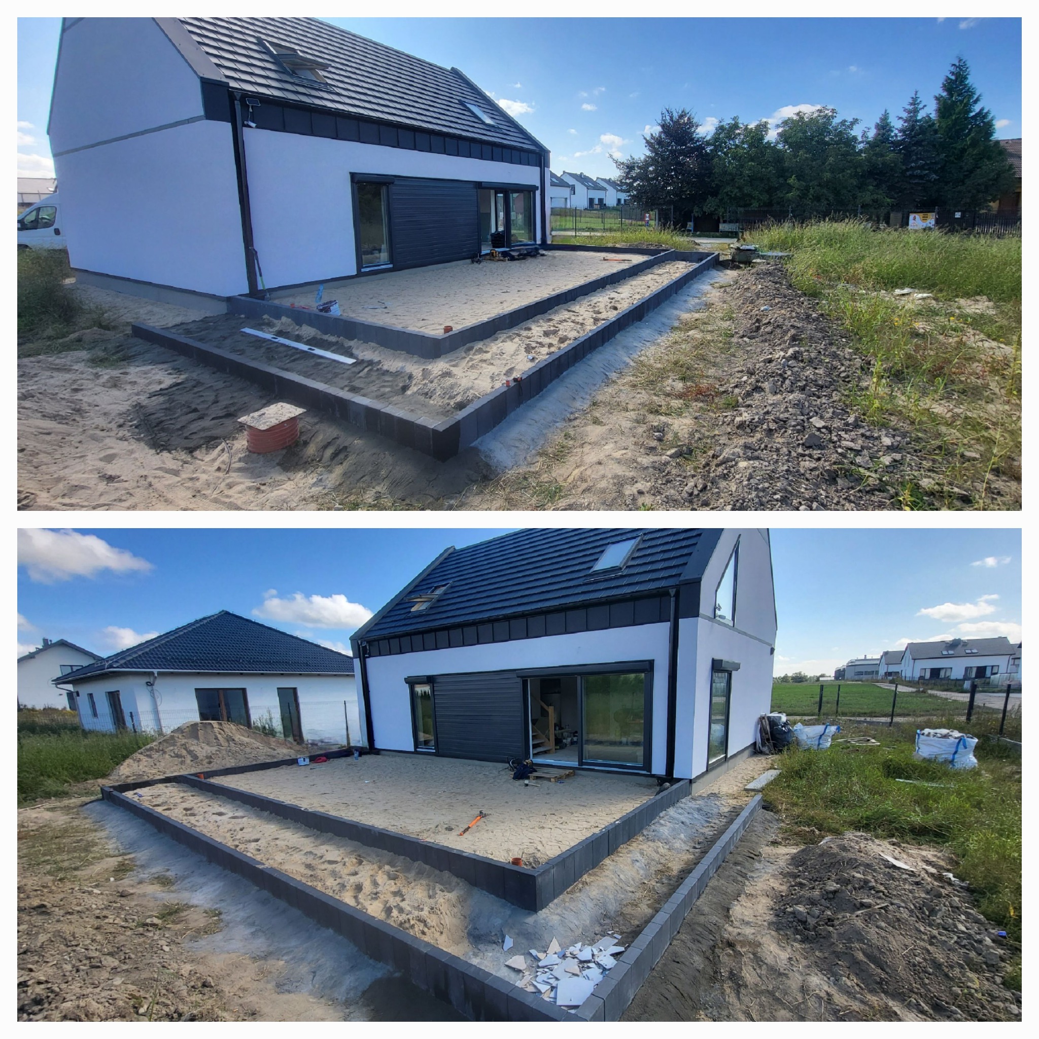 Przygotowanie podłoża pod taras z obrzeżami z kostki betonowej przy nowoczesnym domu z białymi ścianami i grafitową stolarką okienną.