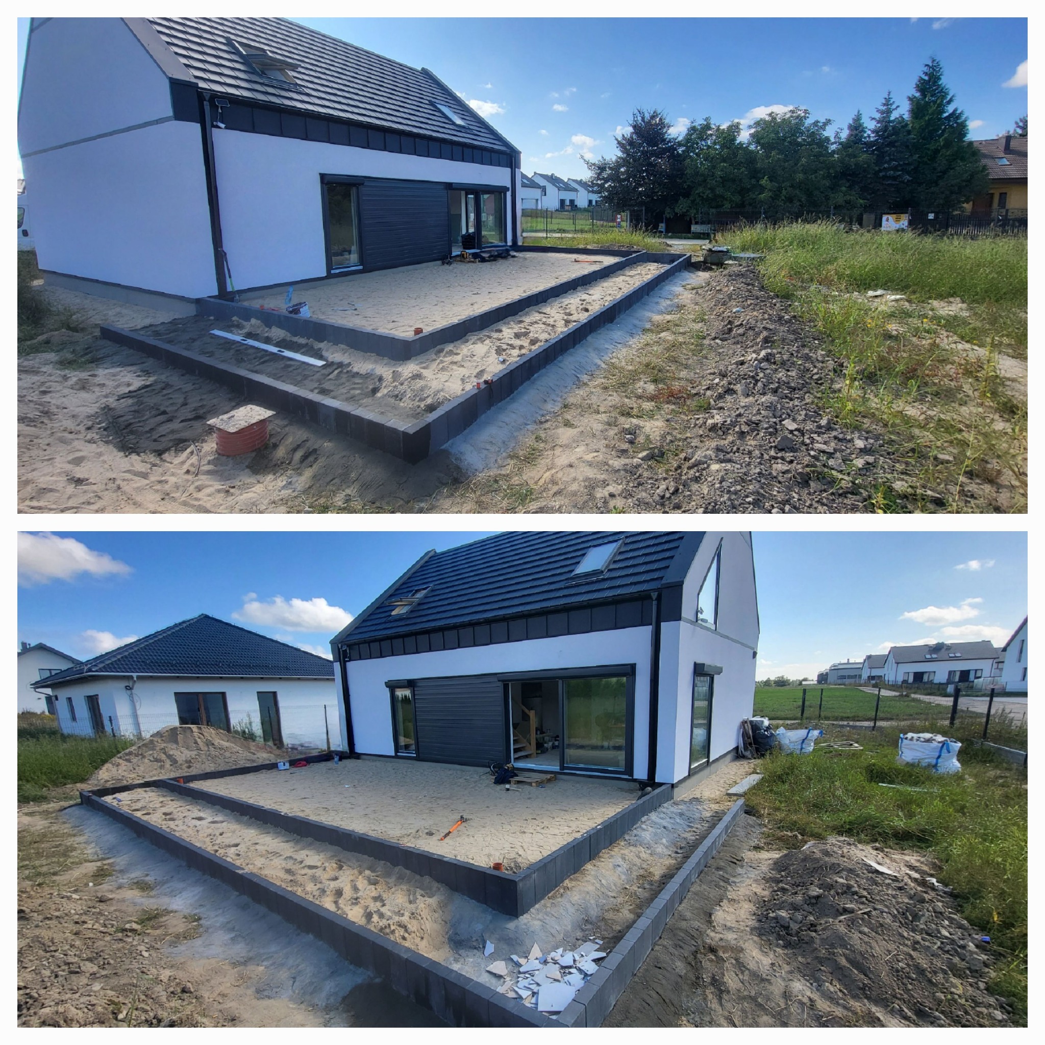 Przygotowanie podłoża pod taras z obrzeżami z kostki brukowej przy nowoczesnym domu z przesuwnymi drzwiami tarasowymi.