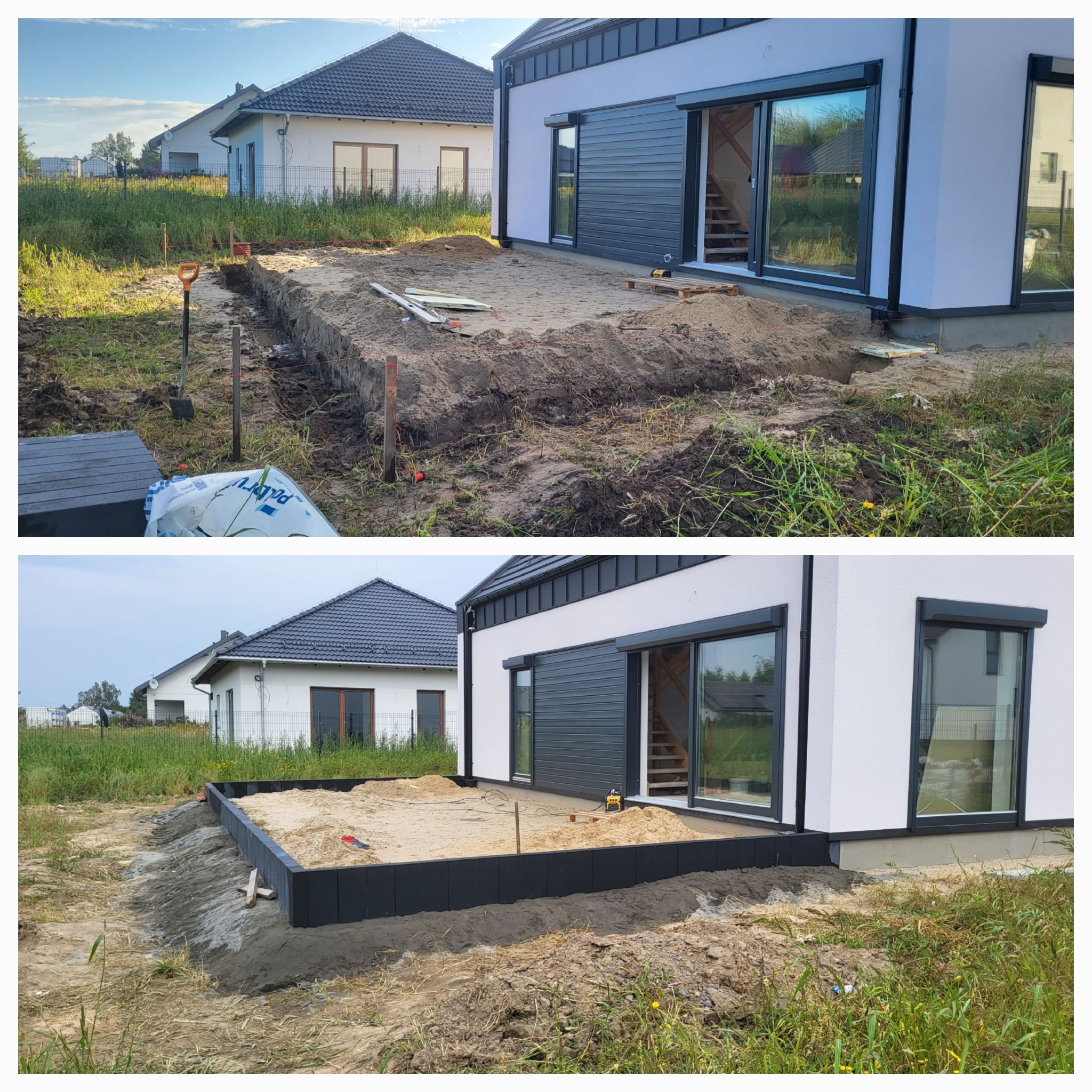 Dwa ujęcia: przygotowanie terenu pod taras przy nowoczesnym domu z szarymi roletami, widoczne wykopy, piasek, czarne obrzeża tarasu, narzędzia i worki z materiałami budowlanymi.