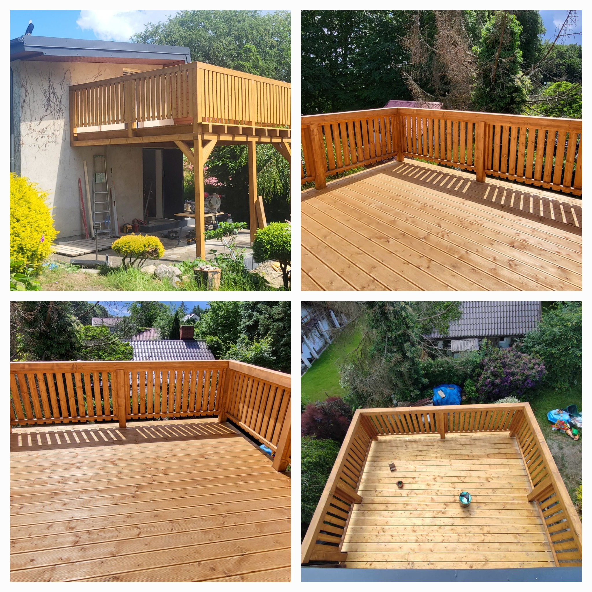 Cztery ujęcia drewnianego tarasu: widok ogólny konstrukcji przylegającej do budynku, detale desek podłogowych i balustrady, oraz widok z góry na taras z widocznymi narzędziami i otoczeniem.