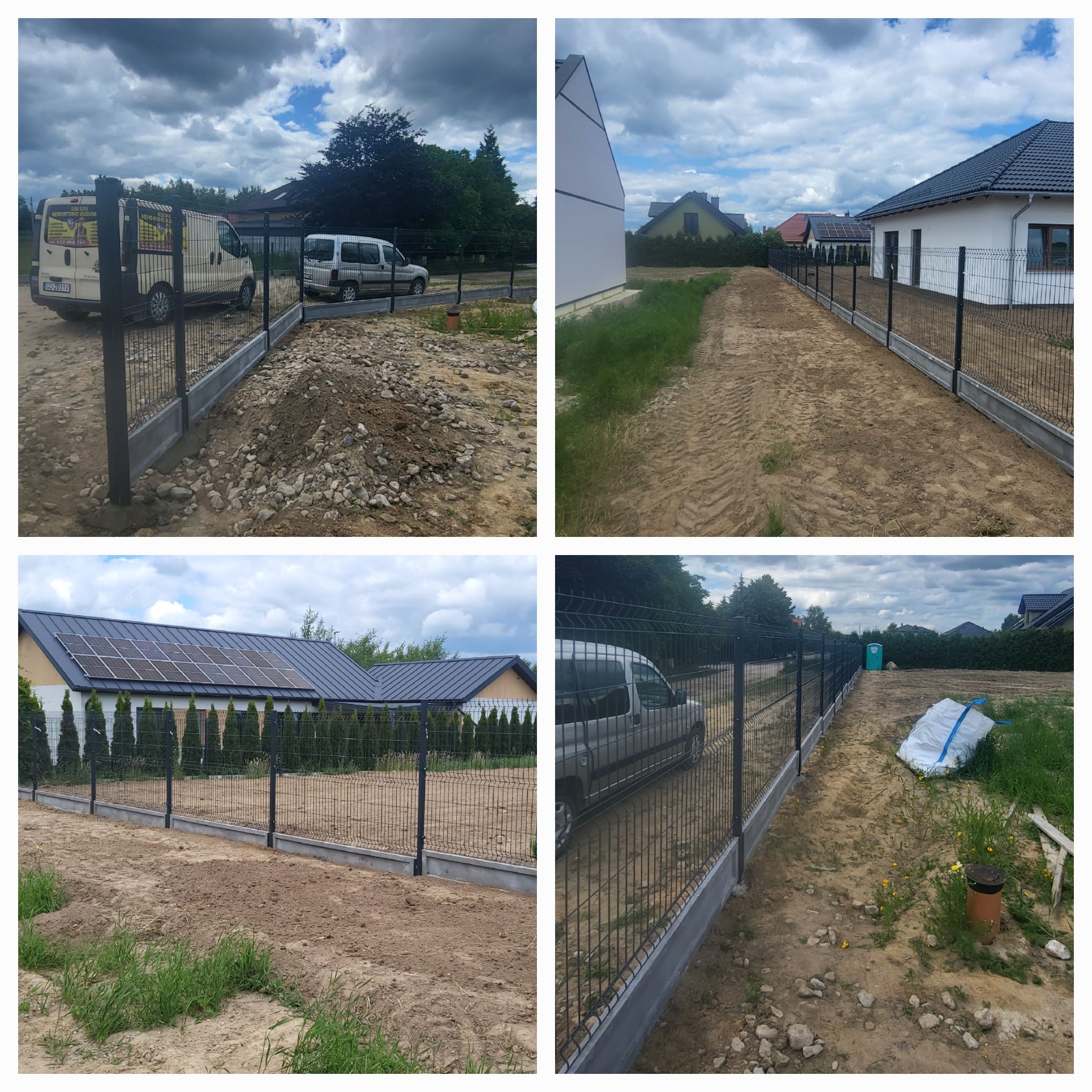 Montaż ogrodzenia panelowego z podmurówką betonową na terenie posesji, widoczne dwa samochody dostawcze firmy wykonującej usługę oraz budynki mieszkalne w tle.