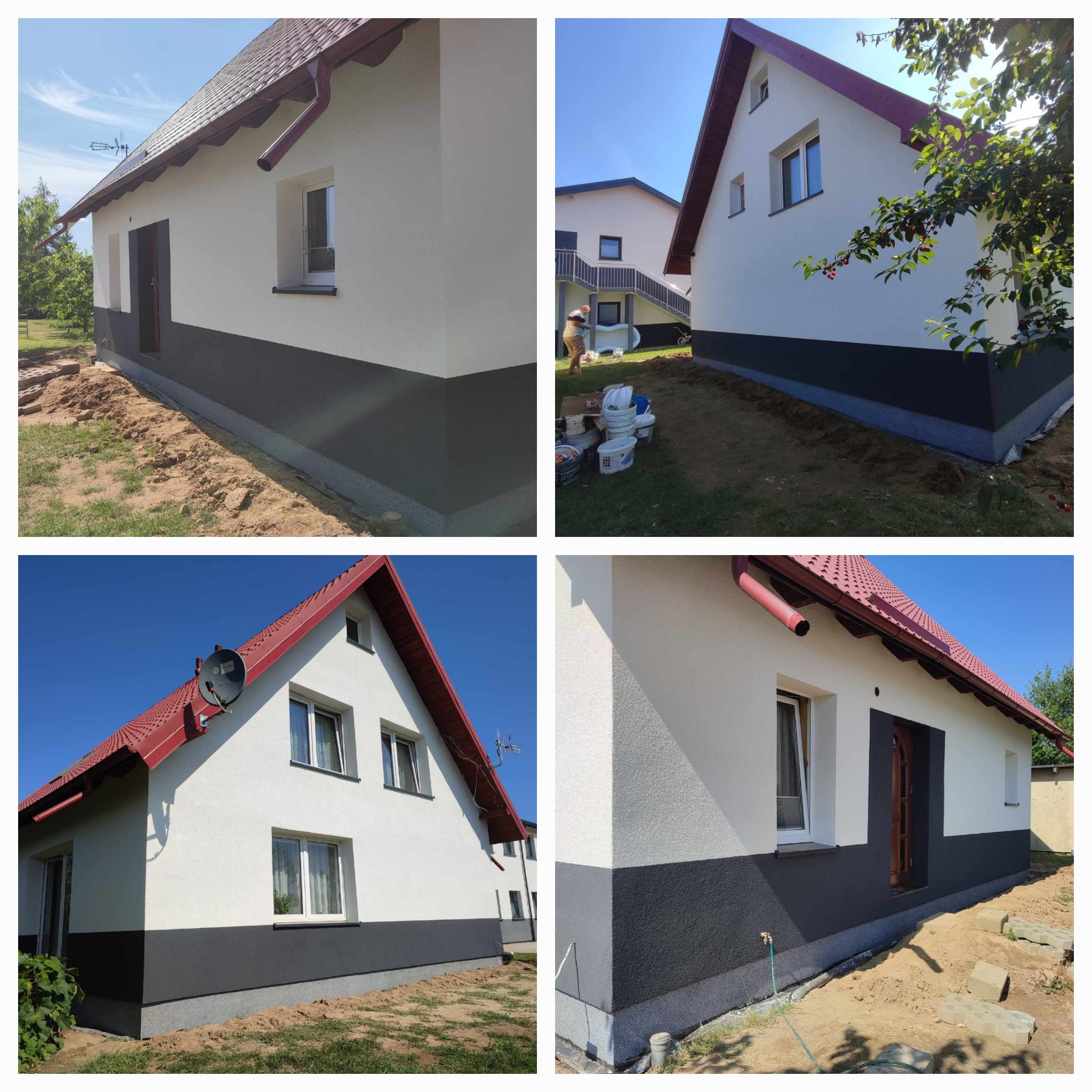 Elewacja domu jednorodzinnego po malowaniu: biała góra i szary dół, czerwona dachówka, widoczna antena satelitarna na dachu, teren wokół domu częściowo uporządkowany.