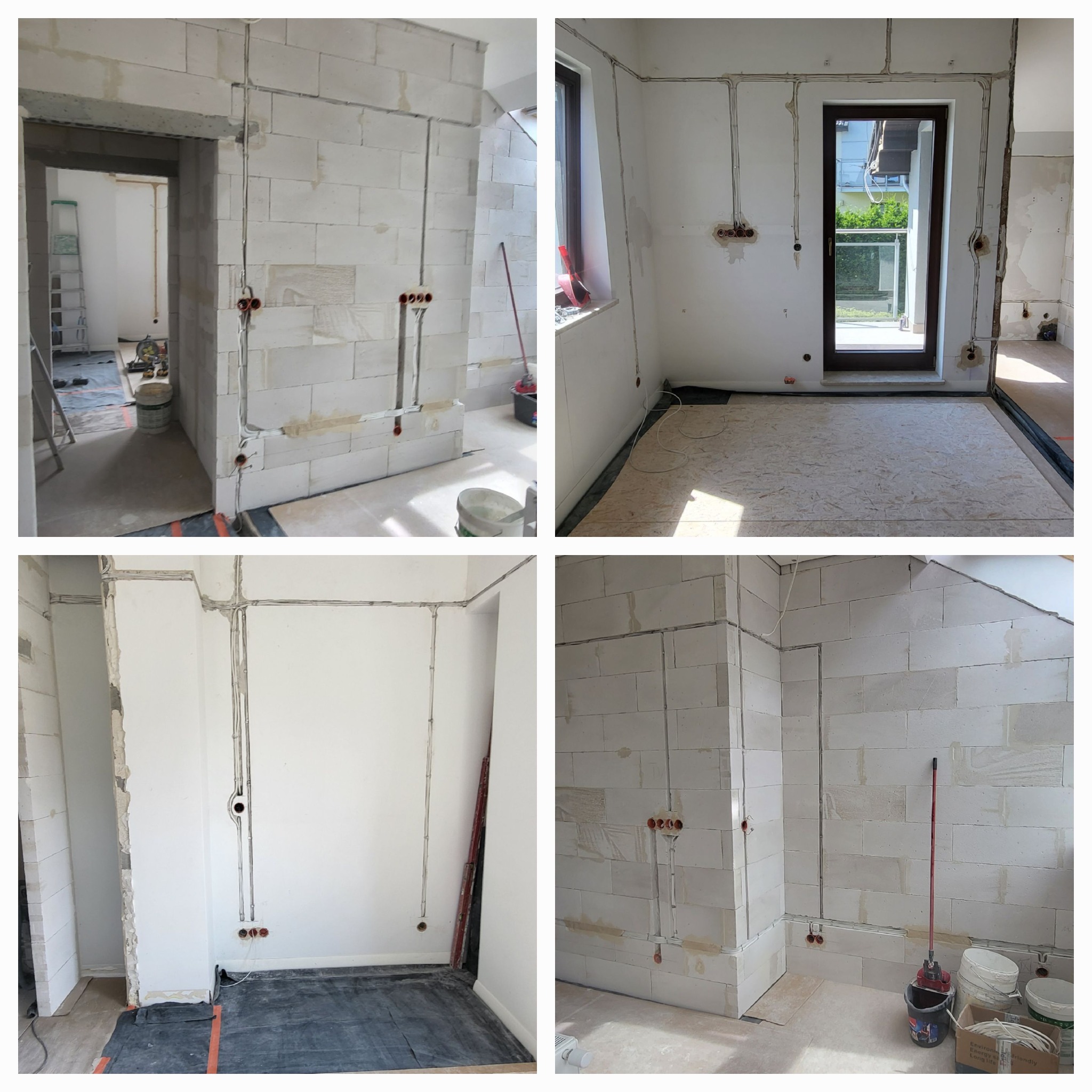 Cztery kadry z remontowanego mieszkania: instalacja elektryczna w ścianach z betonu komórkowego i gładkich, przygotowanie podłoża pod panele z płyt OSB, widoczne kable, puszki elektryczne...