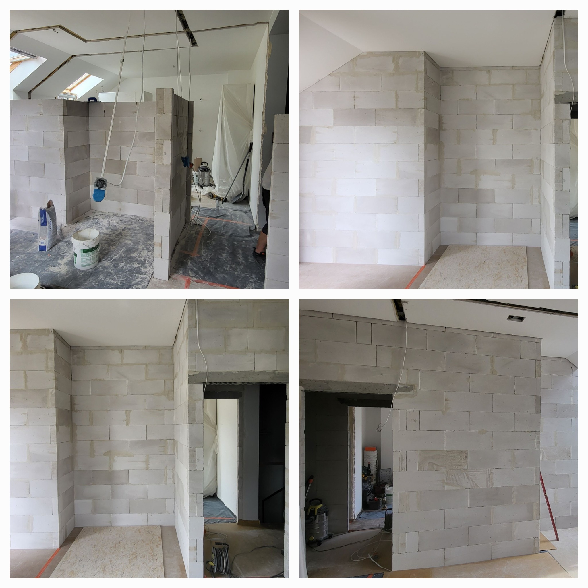 Wnętrze w trakcie budowy ścian działowych z bloczków betonu komórkowego, widoczne narzędzia, przewody elektryczne i zabezpieczenia podłogi.