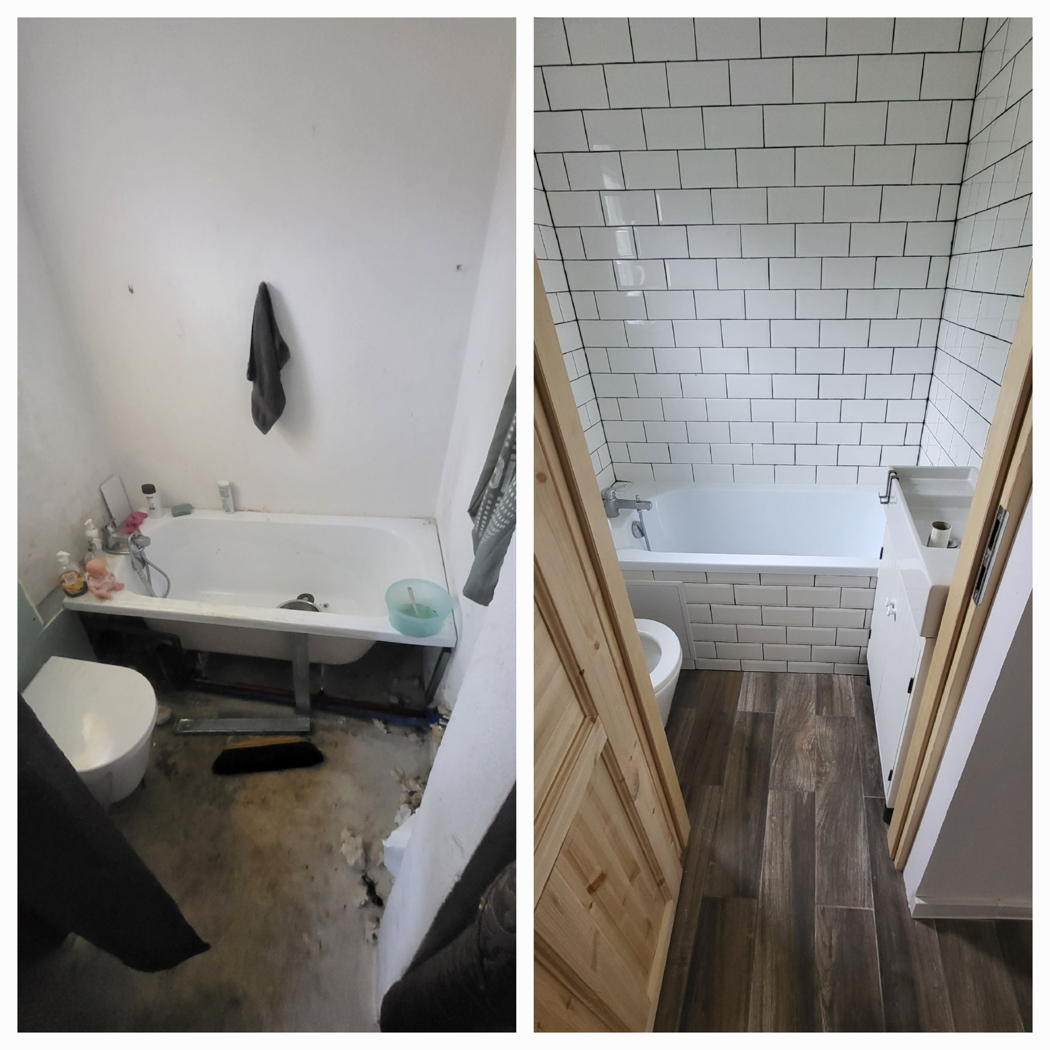 Zdjęcie typu 'przed i po' prezentujące metamorfozę łazienki: stan surowy z brudną podłogą, starą wanną i toaletą kontra odnowiona przestrzeń z białą armaturą, glazurą typu metro, drewnopodobną...