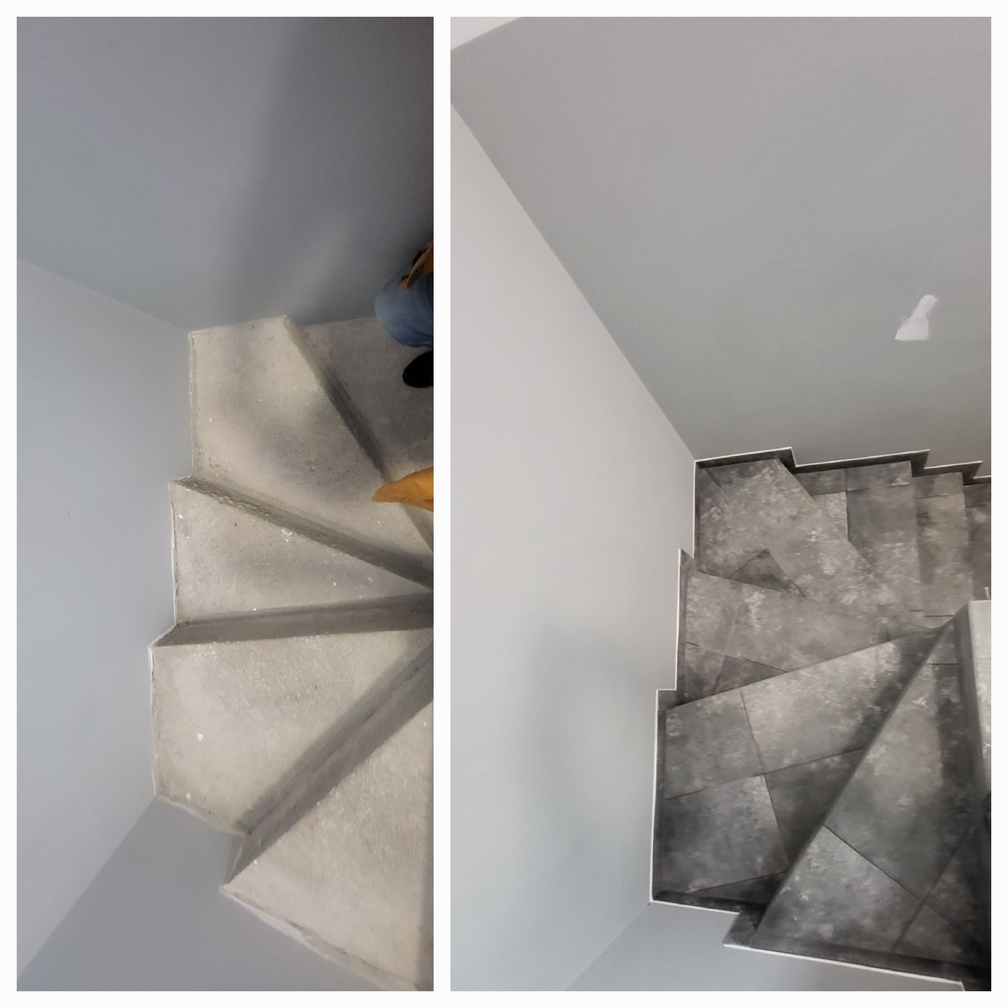 Dwie fotografie schodów: po lewej surowe betonowe schody w trakcie malowania ścian, po prawej schody wykończone szarą płytką ceramiczną o geometrycznym wzorze, widok z góry.