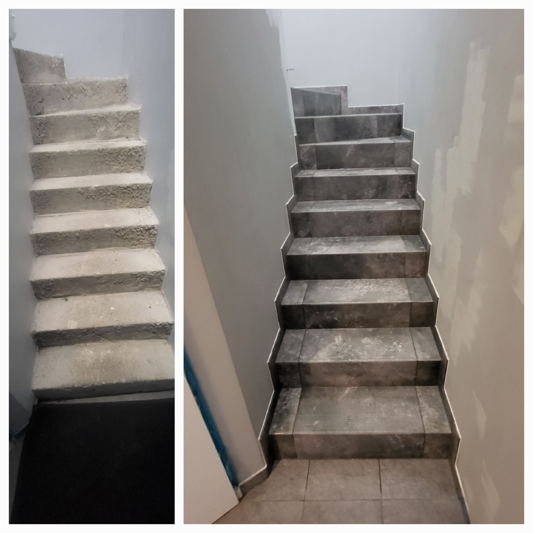 Porównanie stanu schodów przed i po: surowy beton kontra wykończone szare płytki, ściany w trakcie malowania.