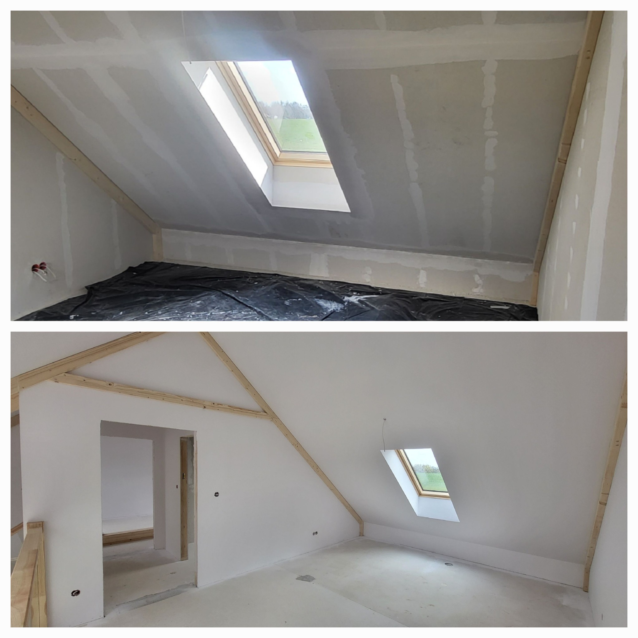 Poddasze w trakcie prac wykończeniowych: szpachlowane ściany i sufit z oknem dachowym, zabezpieczona podłoga folią malarską, widoczne drewniane elementy konstrukcyjne.