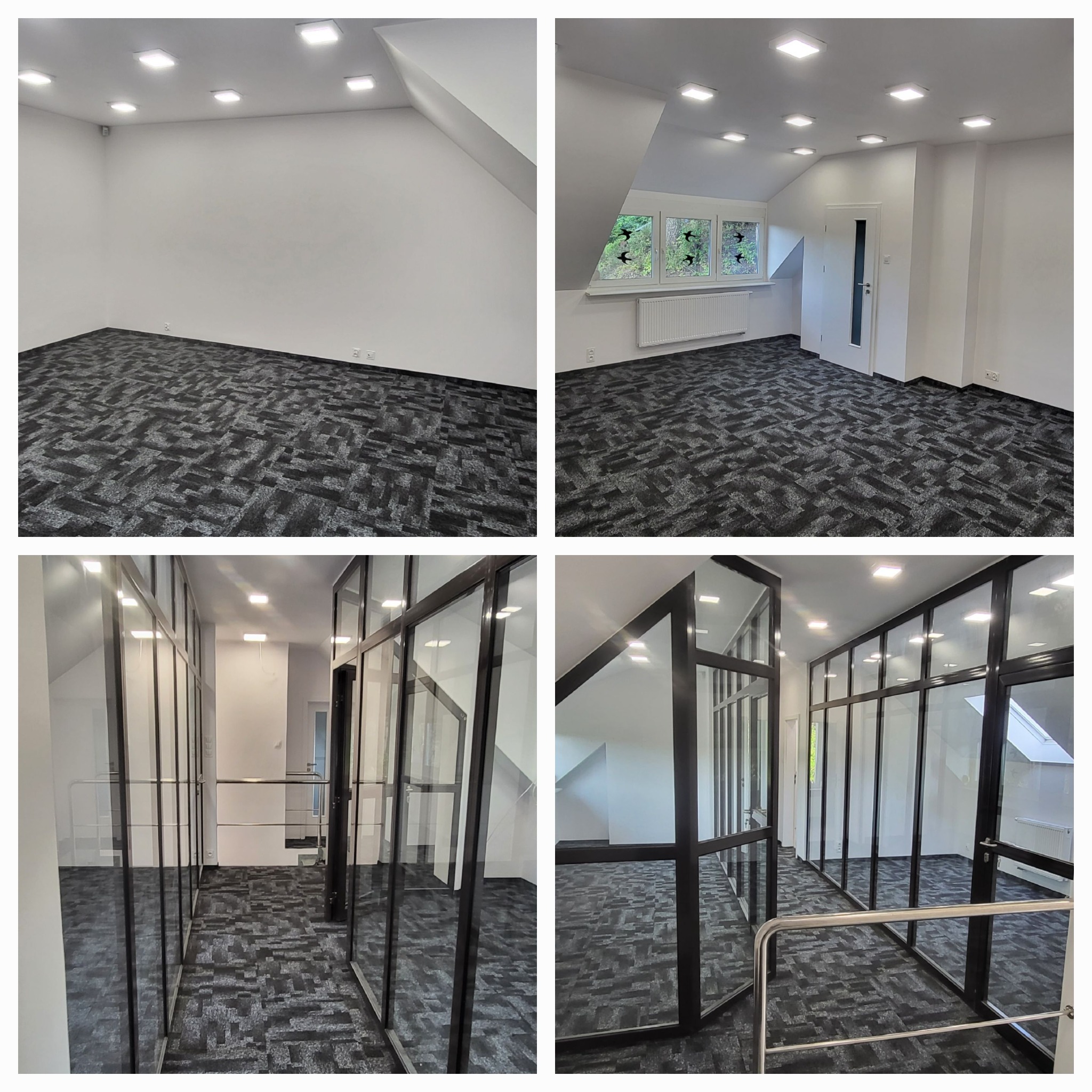 Wykończone biuro z szarą wykładziną dywanową w geometryczny wzór, podwieszanym sufitem z kwadratowymi lampami i ścianami działowymi ze szkła w czarnych ramach.