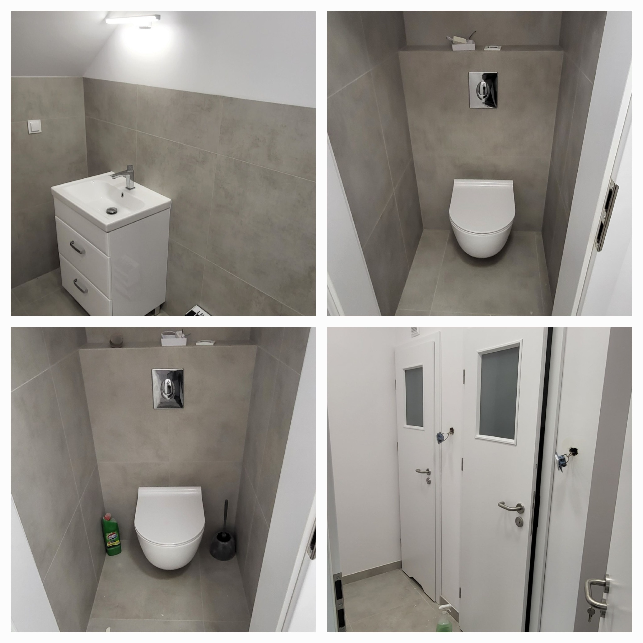 Cztery kadry z remontowanej łazienki: umywalka z szafką, toaleta pod zabudowaną spłuczką, toaleta z butelką płynu czyszczącego, białe drzwi z szybkami, widoczne niedokończone prace elektryczne.