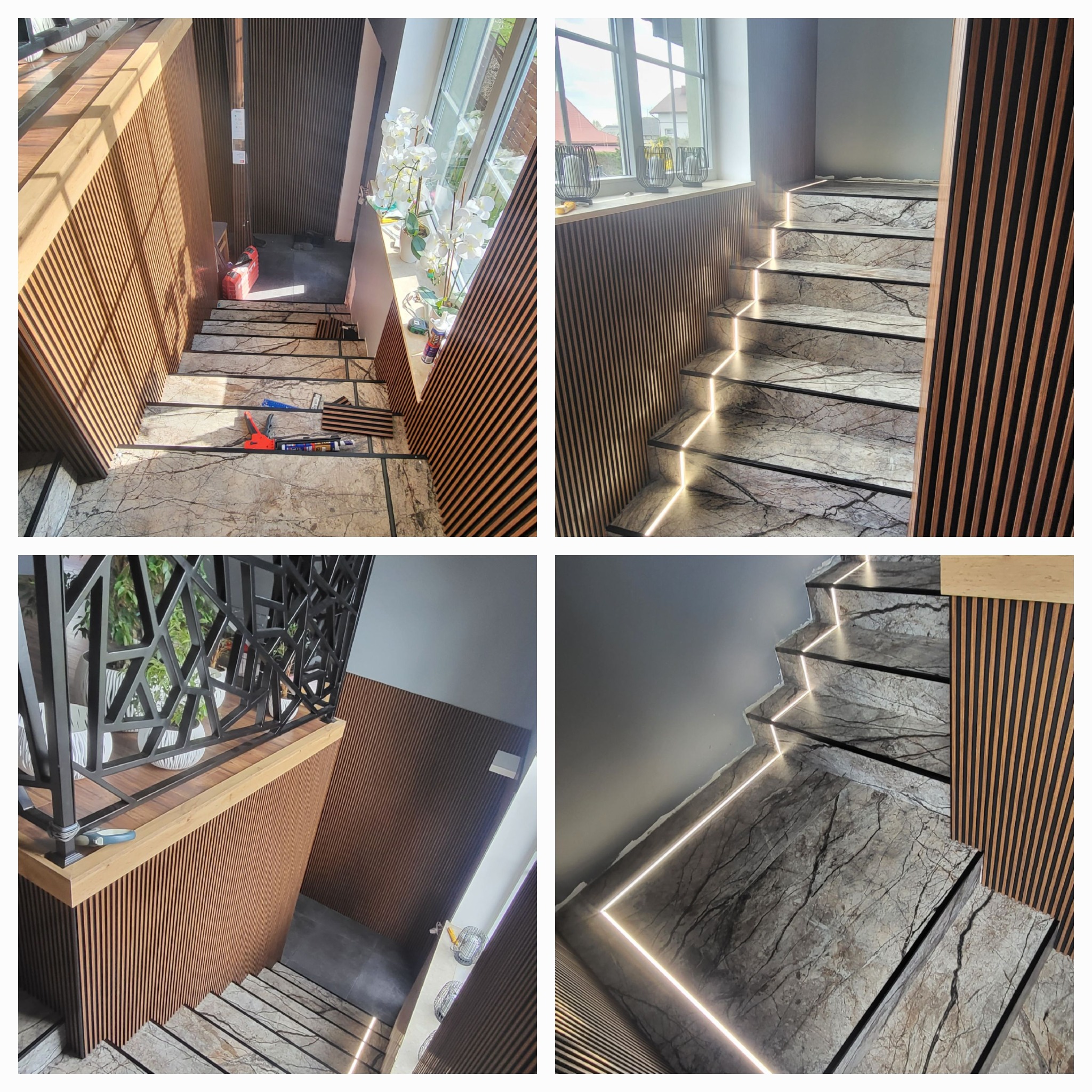 Montaż paneli ściennych lamelowych w korytarzu ze schodami wyłożonymi marmurem, podświetlenie LED stopni, widoczne narzędzia montażowe.