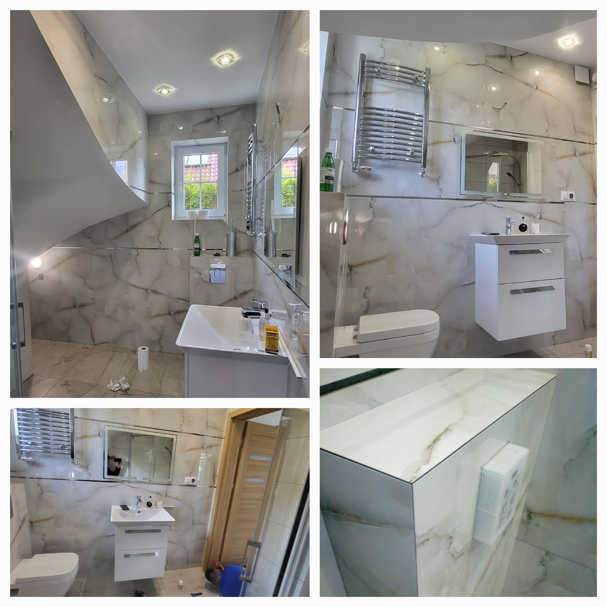 Wykończona łazienka w Chwaszczynie z marmurowymi płytkami, wiszącą szafką z umywalką, grzejnikiem drabinkowym i kabiną prysznicową z widocznym fragmentem drzwi.