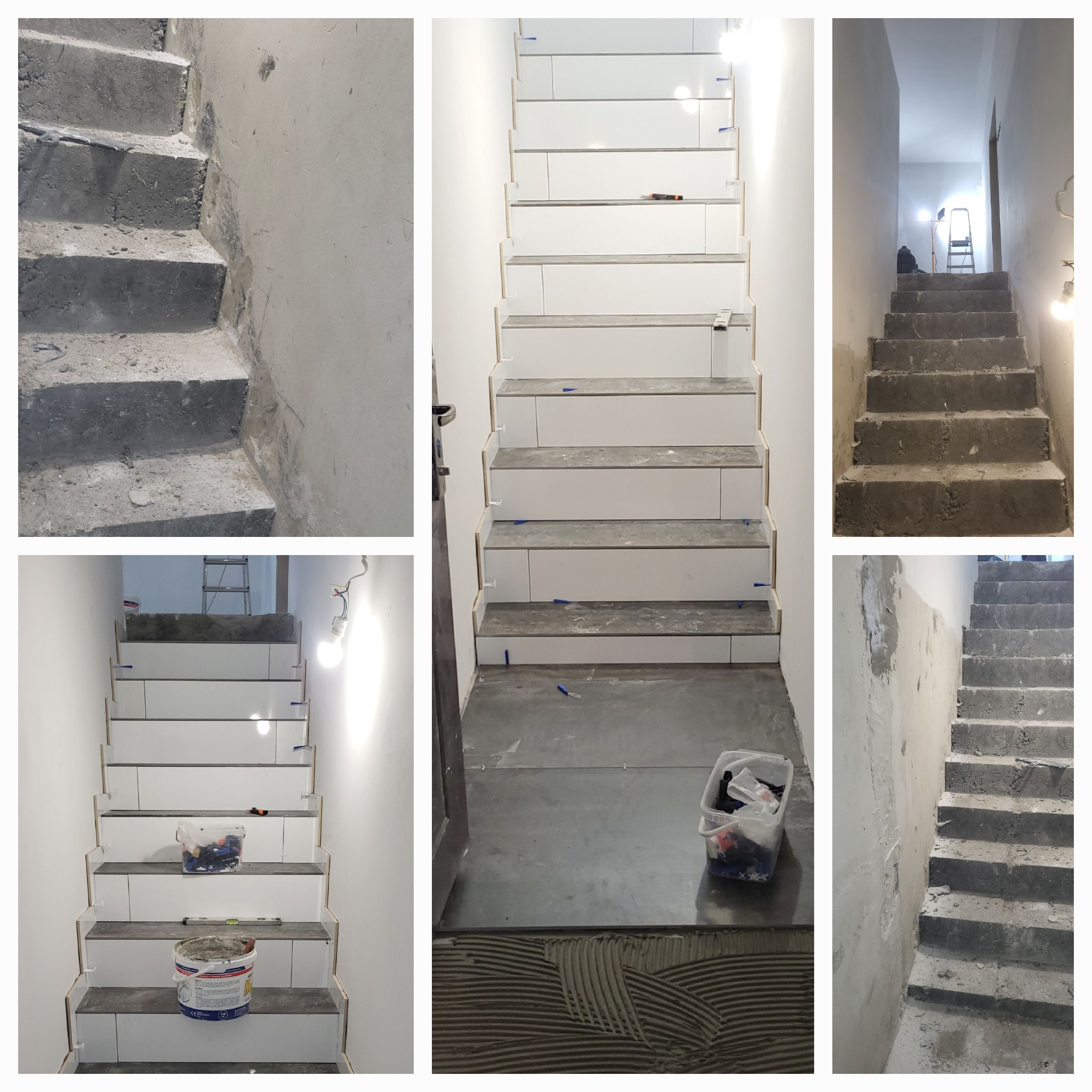 Montaż płytek na schodach: widok na różnych etapach prac, od surowego betonu po częściowo wykończone stopnie z białymi płytkami i szarymi podstopnicami, widoczne narzędzia i materiały budowlane.