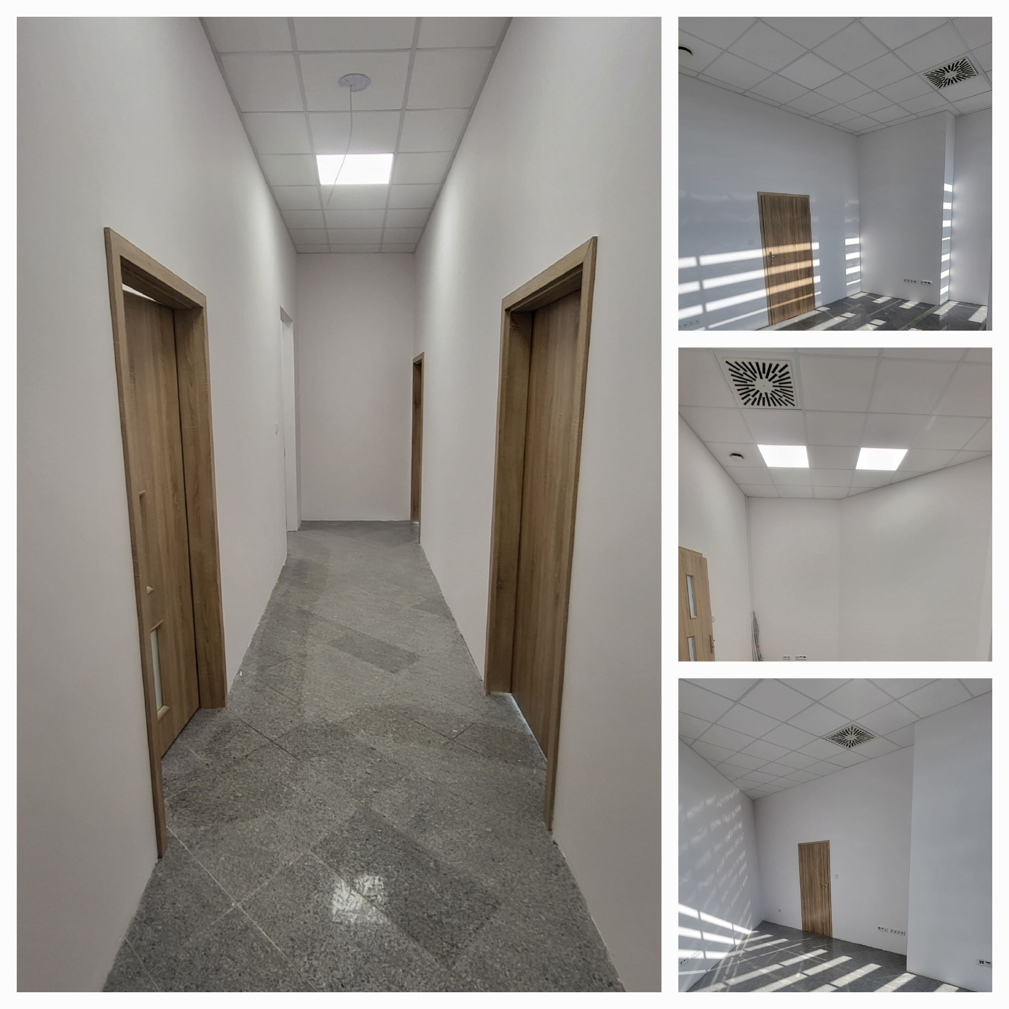 Korytarz biurowy z szarymi płytkami podłogowymi, białymi ścianami i trzema drewnianymi drzwiami, widok z perspektywy długiego korytarza oraz detale wykończenia ścian i sufitu z kratkami...