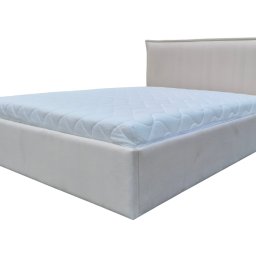 Fotello Meble Robert Śmiałek - Beżowe, tapicerowane łóżko z materacem na białym tle. Minimalistyczny design z prostym zagłówkiem i ramą. Widok z perspektywy.