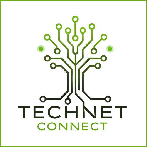 Logo firmy TechNet Connect: zielone drzewo z obwodów drukowanych na białym tle, otoczone zieloną ramką. Nowoczesny design.