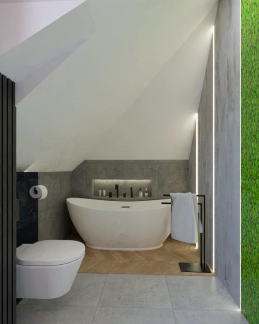 Nowoczesna łazienka na poddaszu z wolnostojącą wanną, toaletą podwieszaną i ścianą z mchu, oświetlona pionowymi listwami LED.