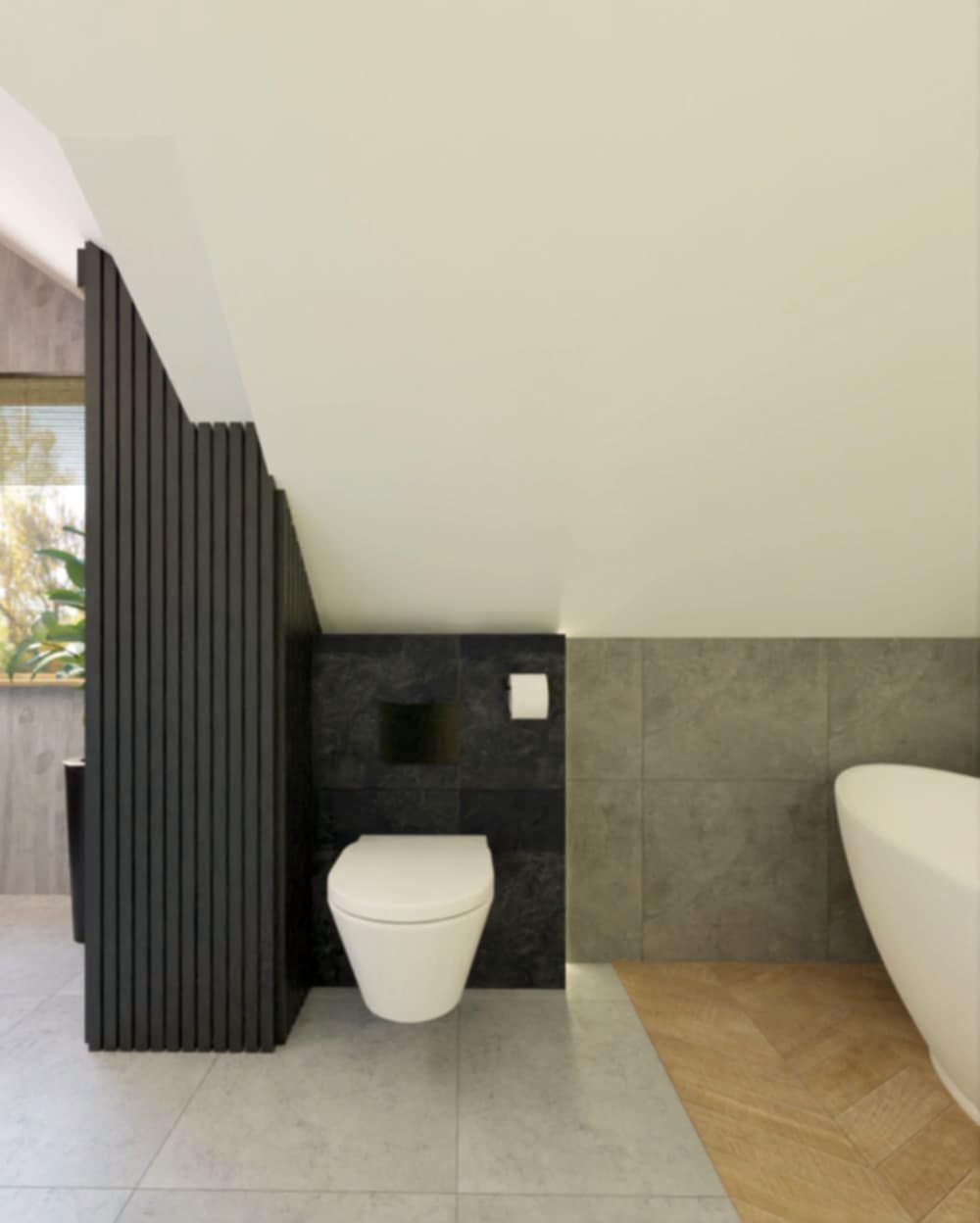 Nowoczesna łazienka na poddaszu z toaletą, czarną ścianką działową z pionowych listew, szarymi płytkami i fragmentem drewnianej podłogi w jodełkę.